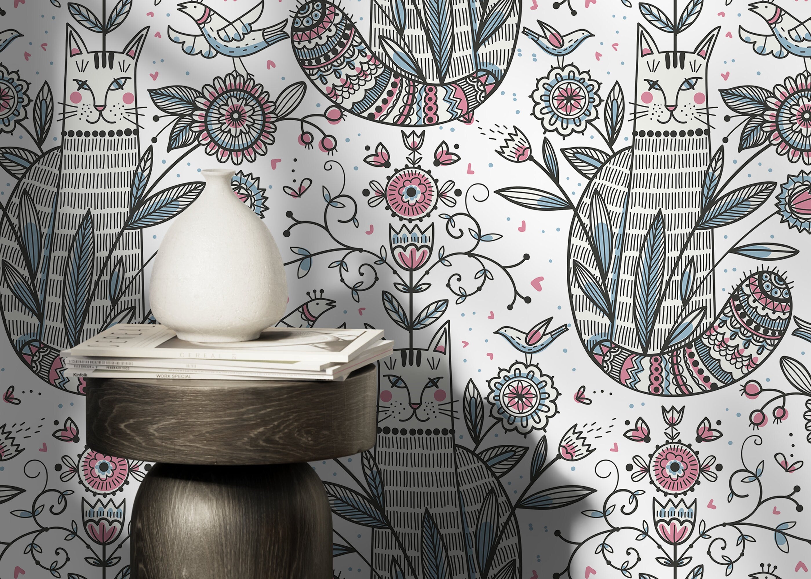 Folk Art Wallpaper With Whimsical Cats And Birds In Pink, Blue, And Black - D295