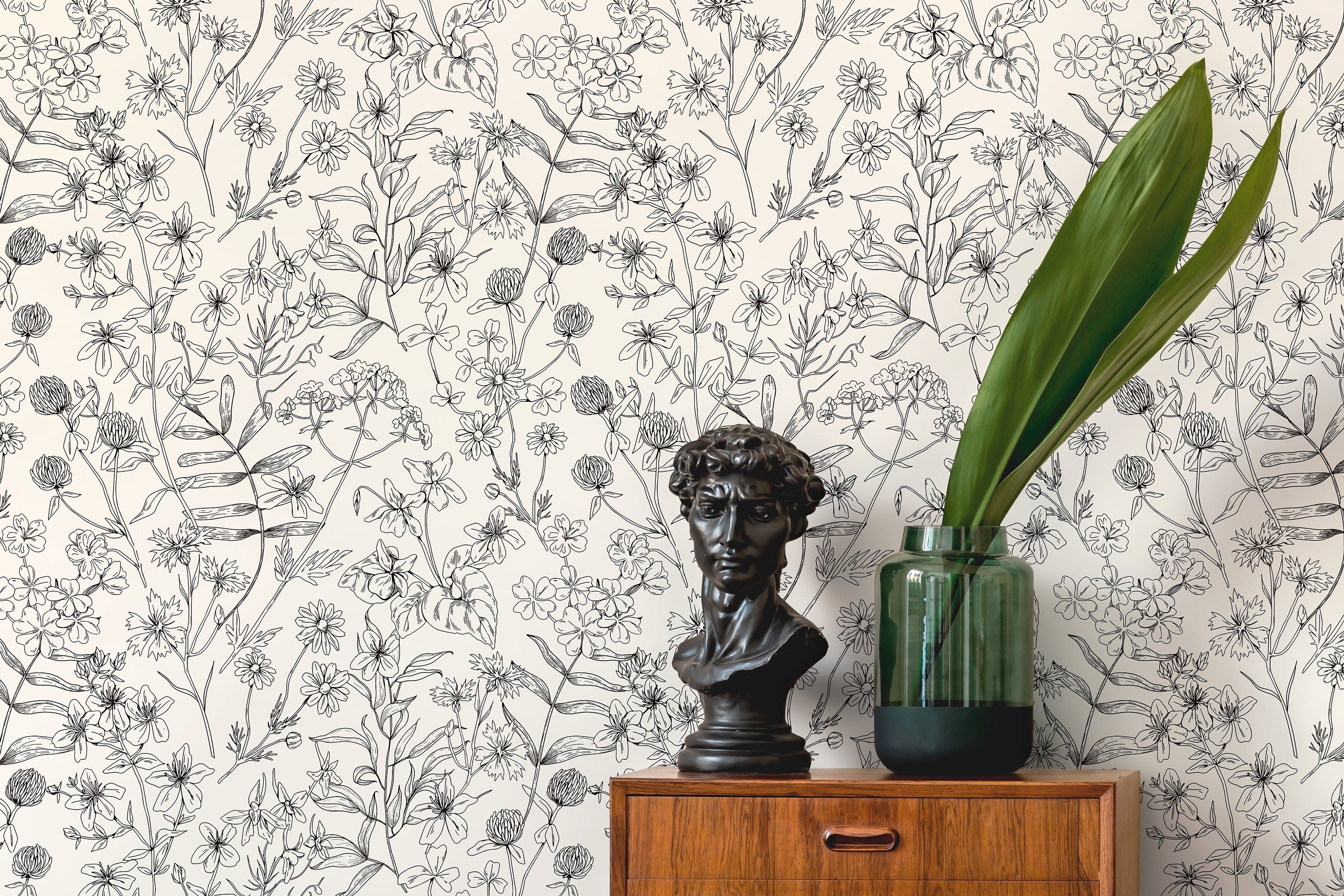 Botanical Wallpaper With A Wildflower Line Art Motif In Black And White - D306