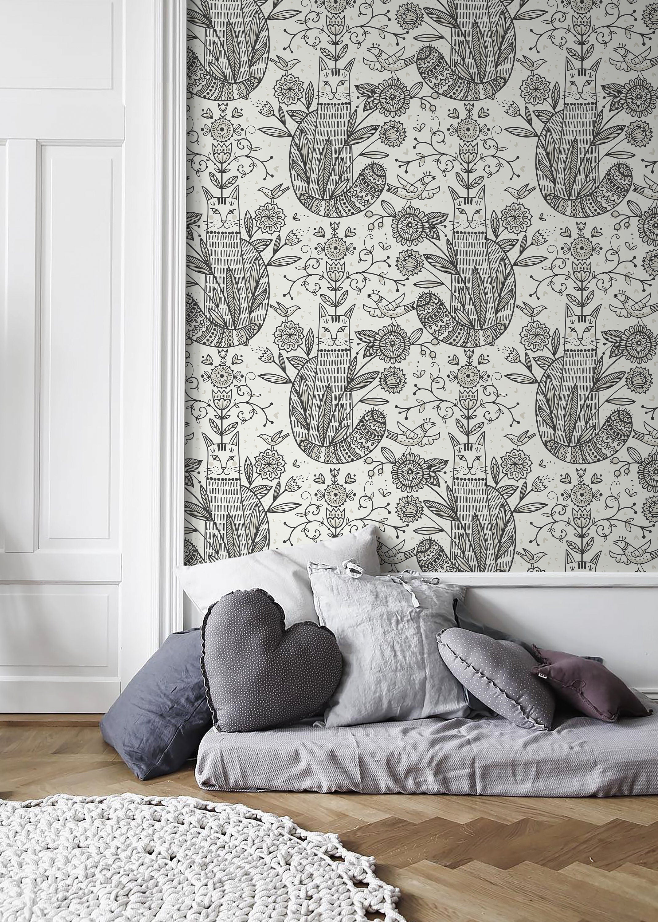 Folk Art Wallpaper With Stylized Cats And Florals In Black And Gray - D294