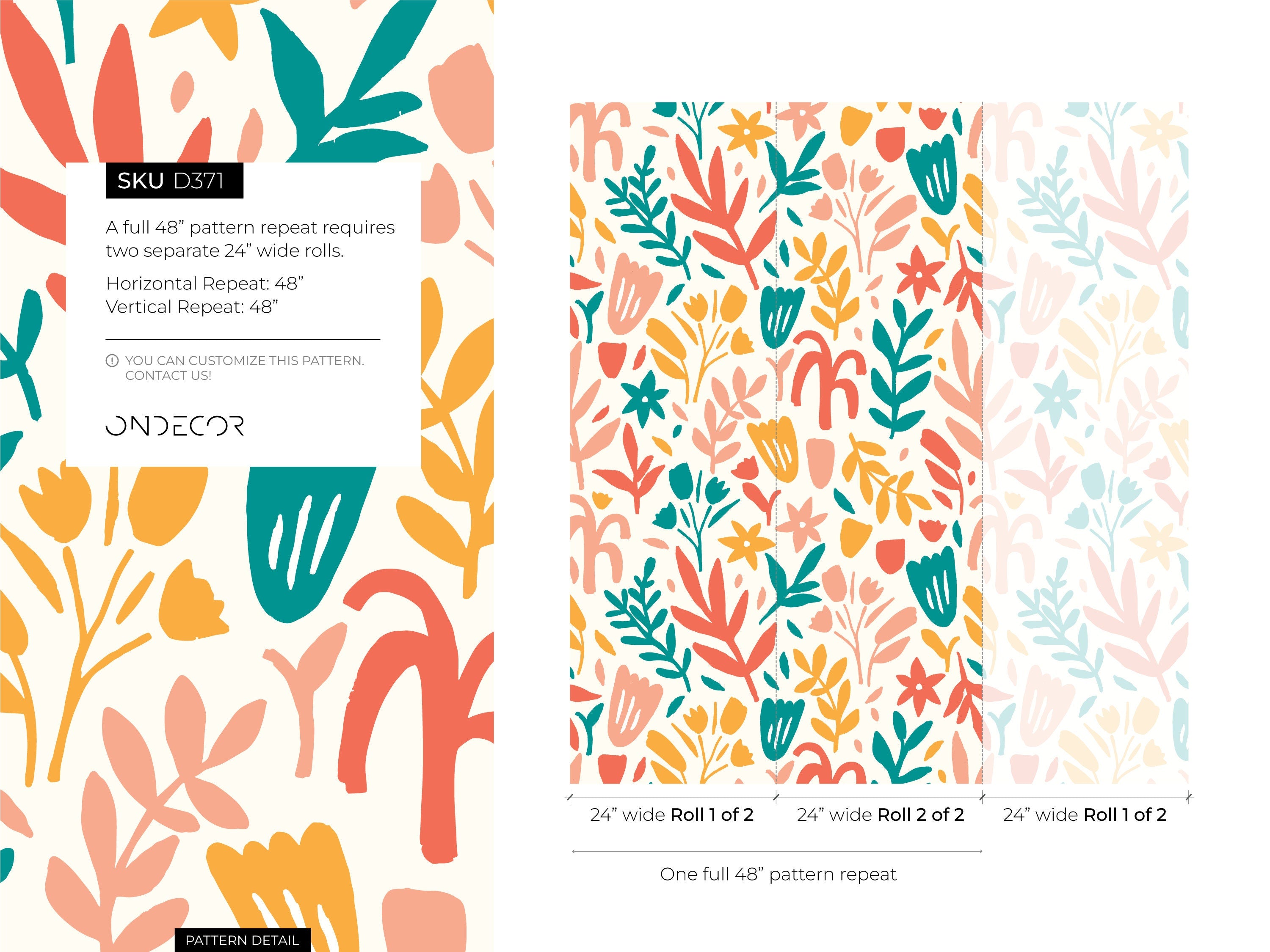 Abstract Floral Wallpaper With Botanical Cutouts In Teal, Coral, And Yellow - D371