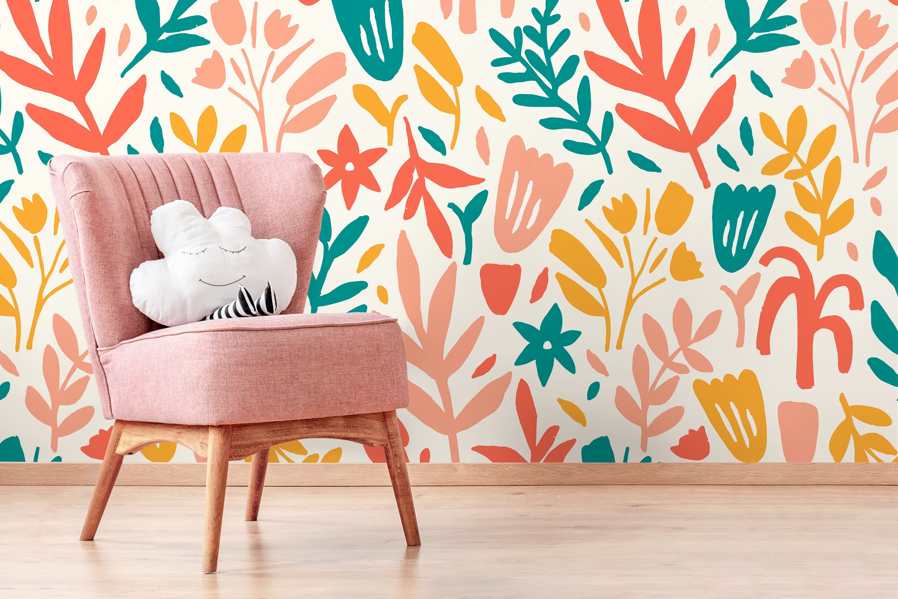 Abstract Floral Wallpaper With Botanical Cutouts In Teal, Coral, And Yellow - D371