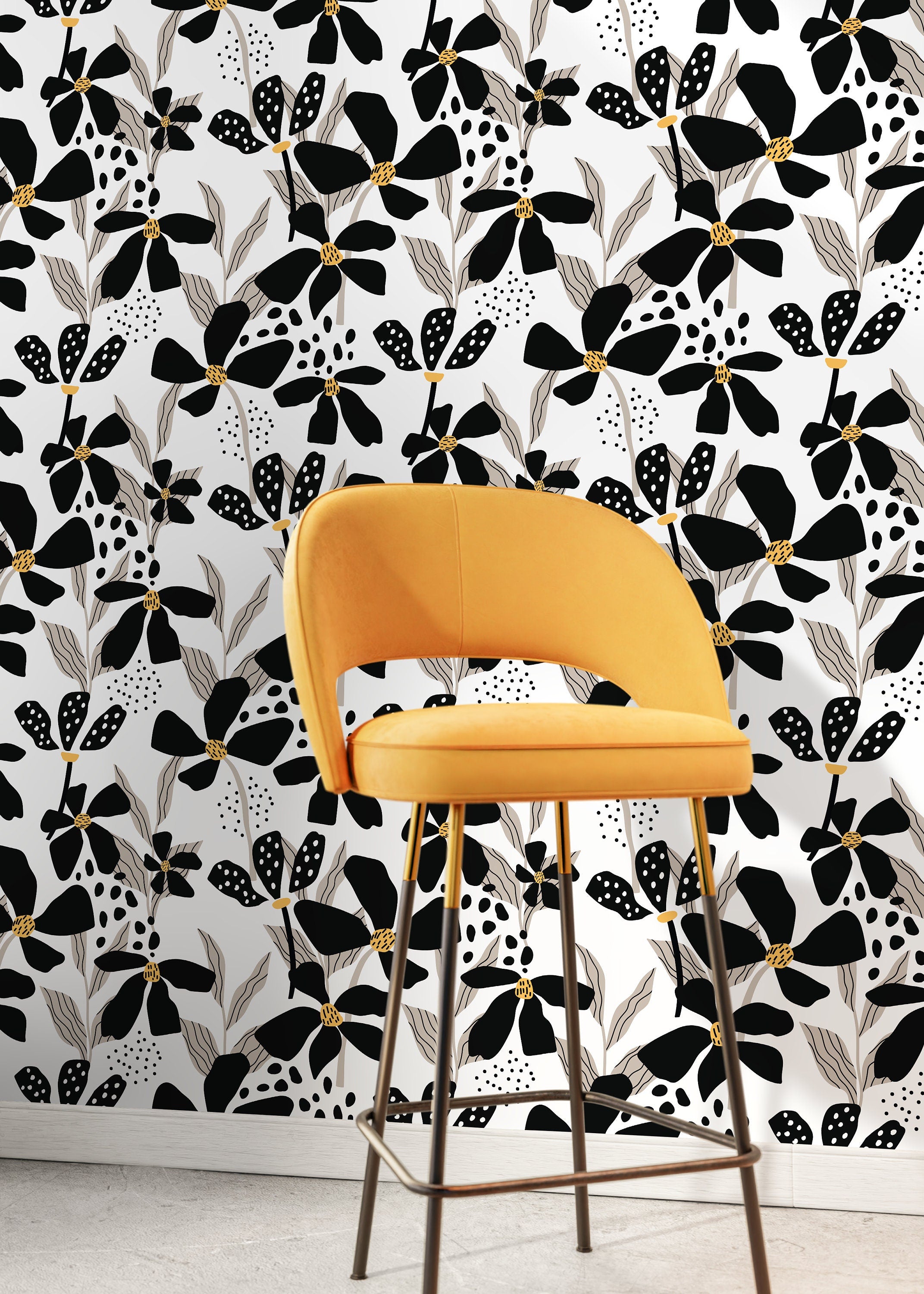 Floral Wallpaper With Abstract Flowers In Black, Taupe, And Yellow - D373