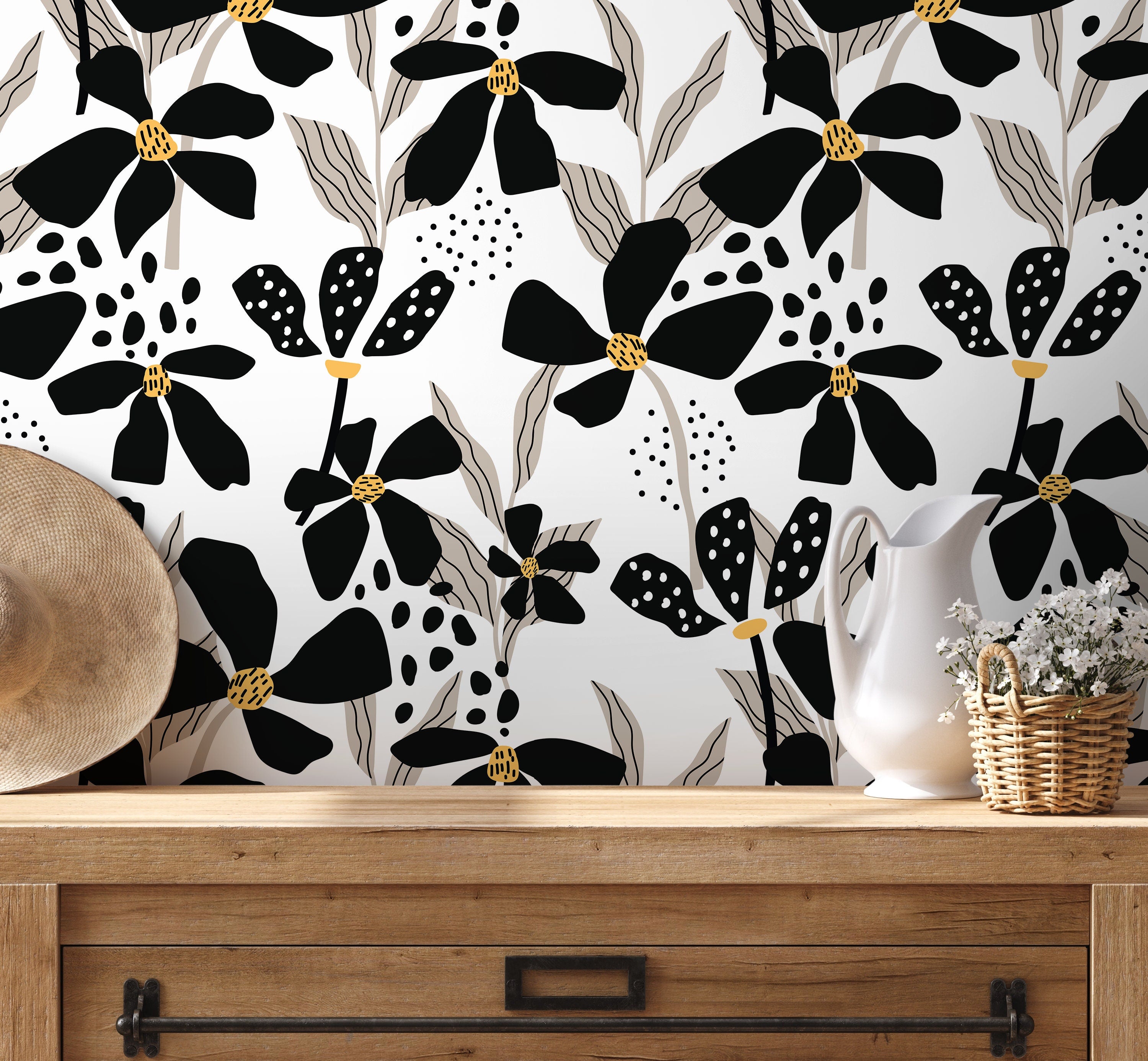 Floral Wallpaper With Abstract Flowers In Black, Taupe, And Yellow - D373