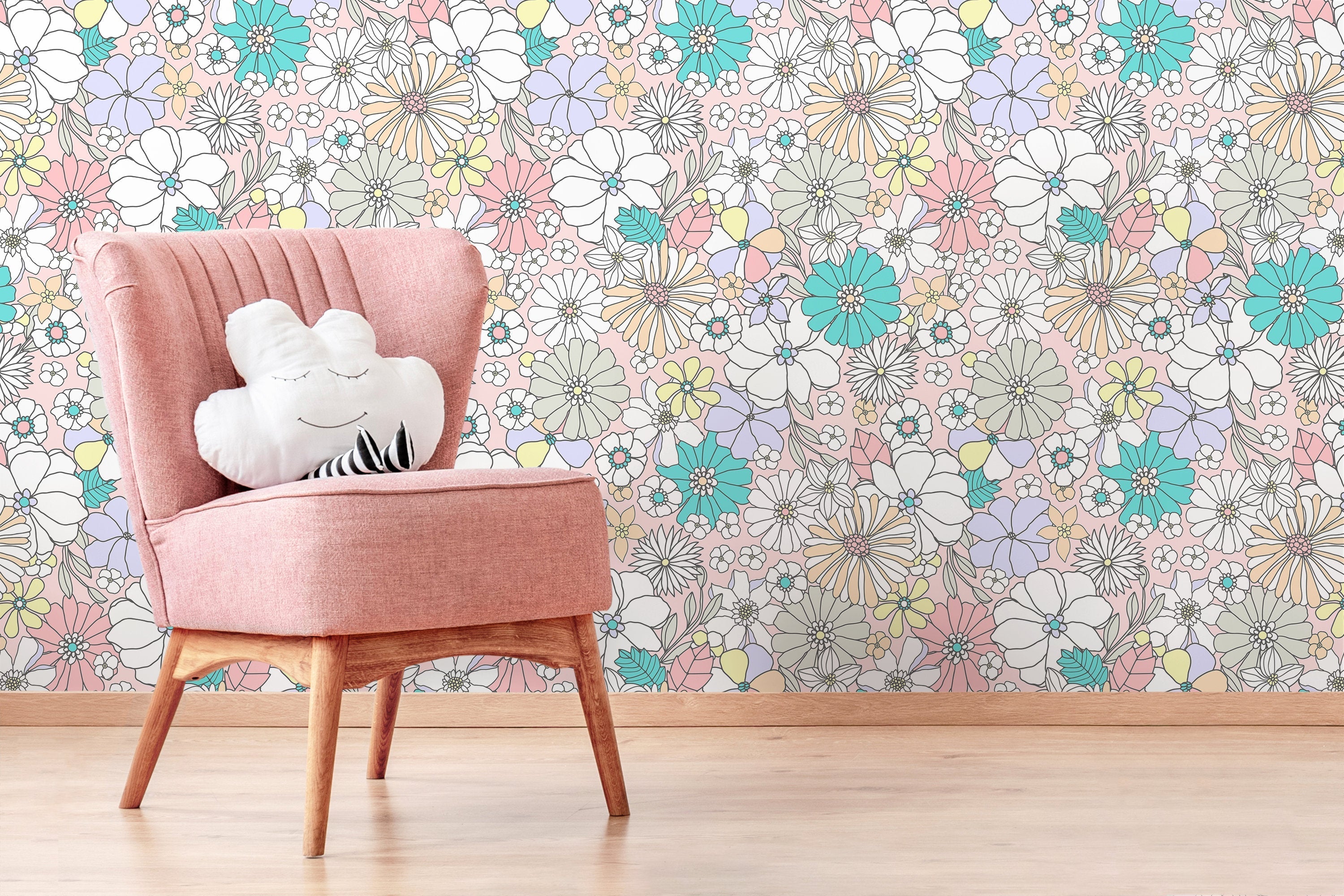 Floral Wallpaper With A Groovy Retro Print In Pink, Teal, And Yellow - D376
