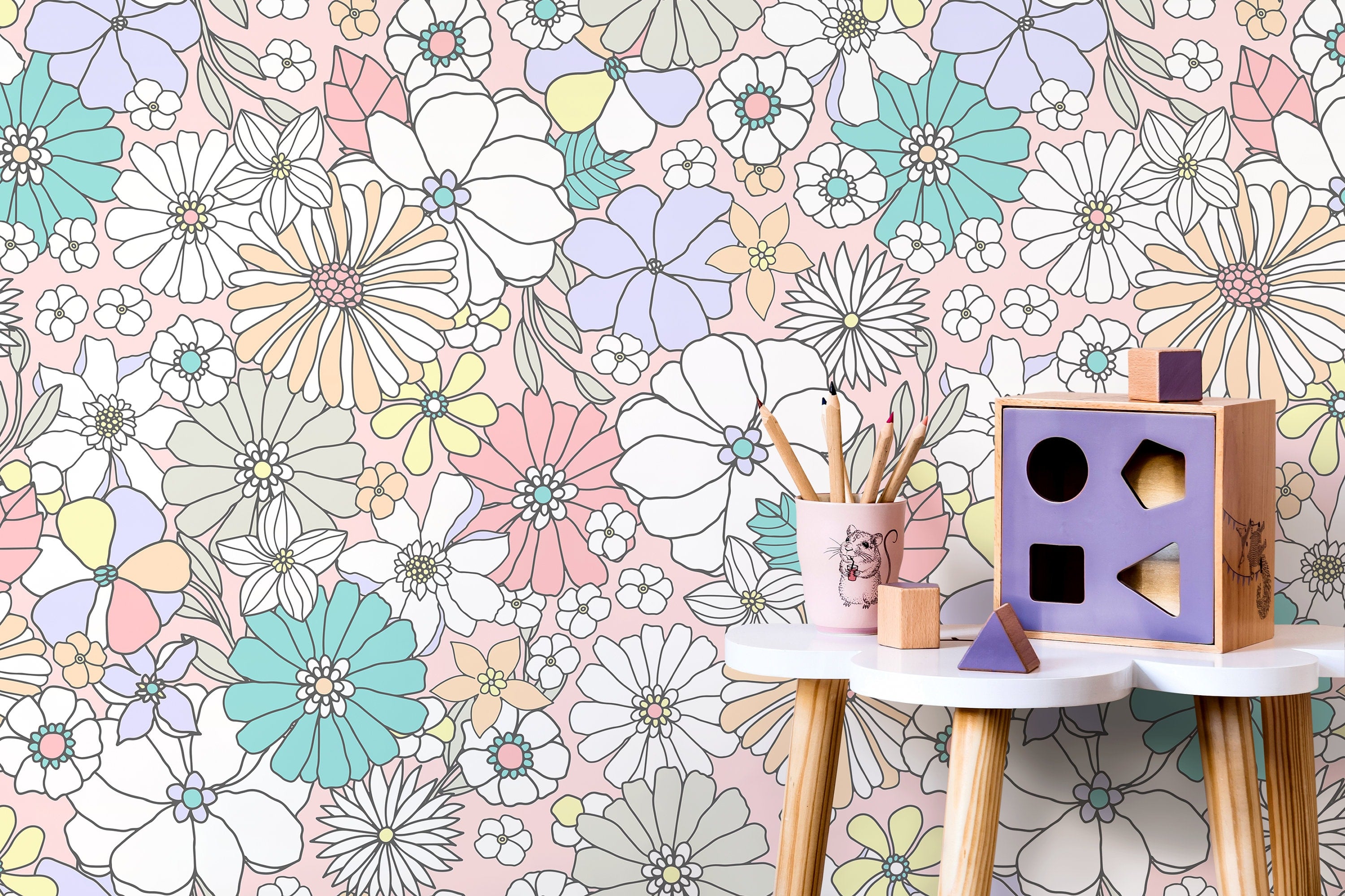 Floral Wallpaper With A Groovy Retro Print In Pink, Teal, And Yellow - D376