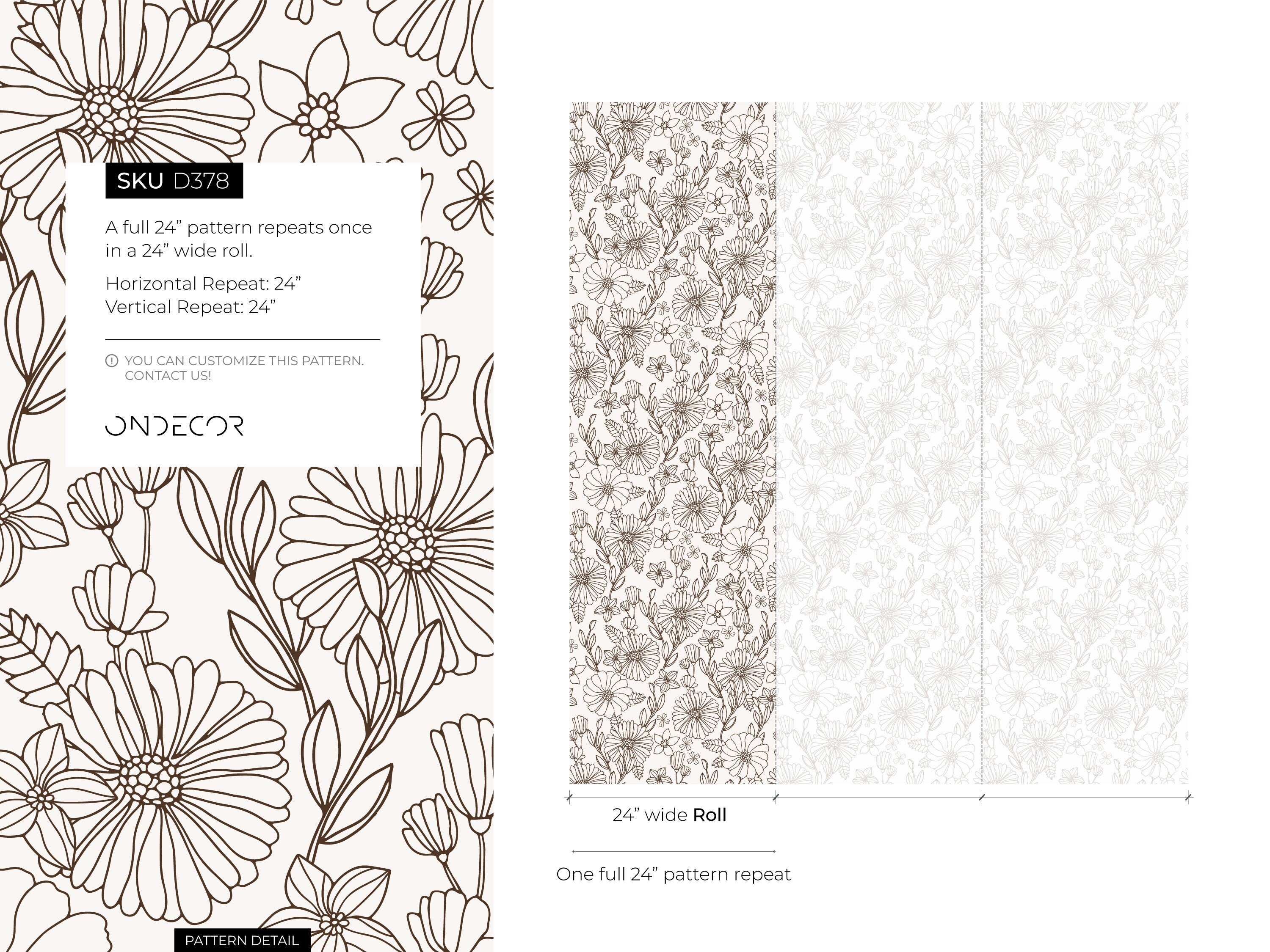 Floral Wallpaper With A Line Art Botanical Motif In Dark Brown - D378