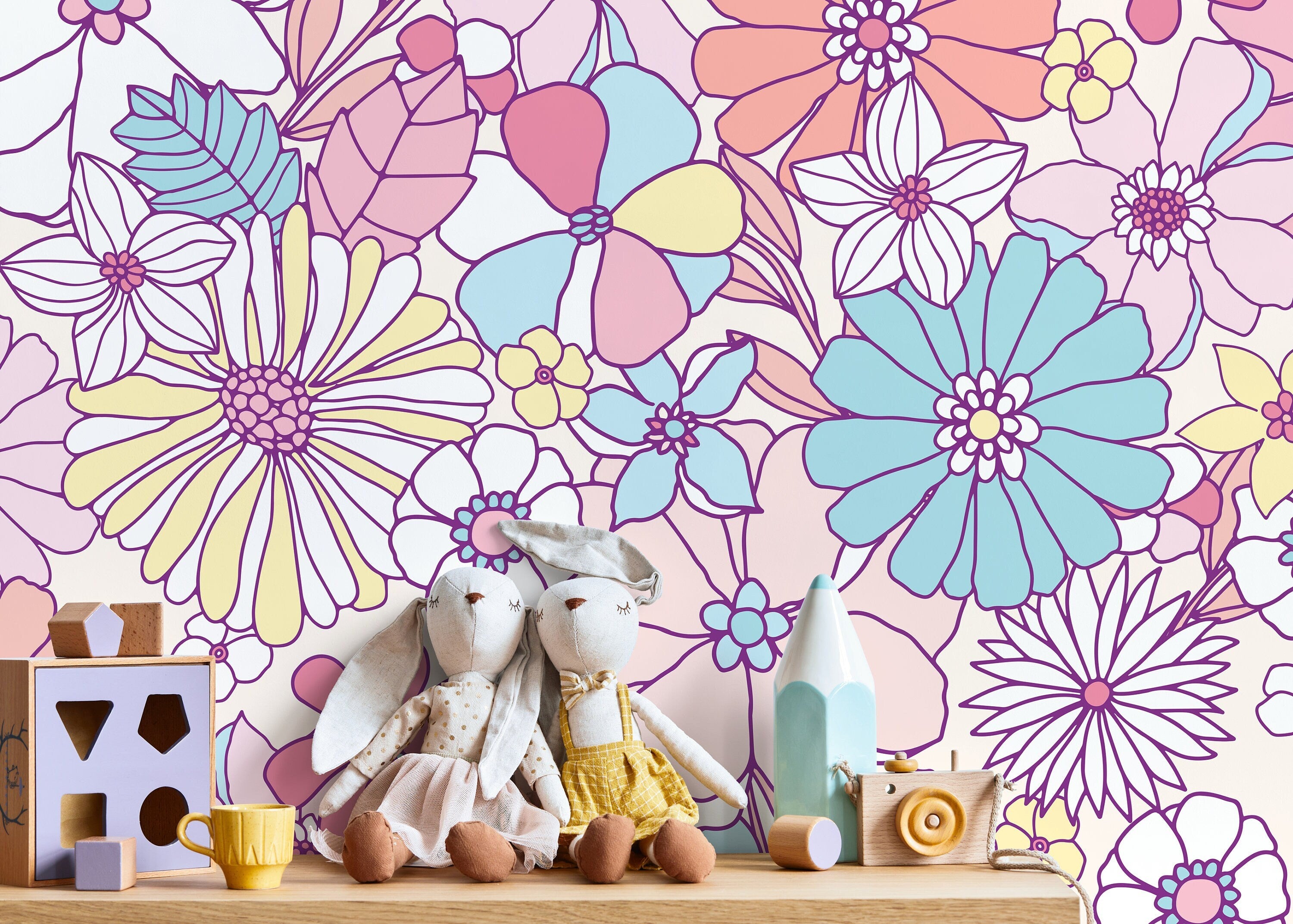 Retro Wallpaper With Groovy Flowers In Pink, Blue, And Yellow - D375