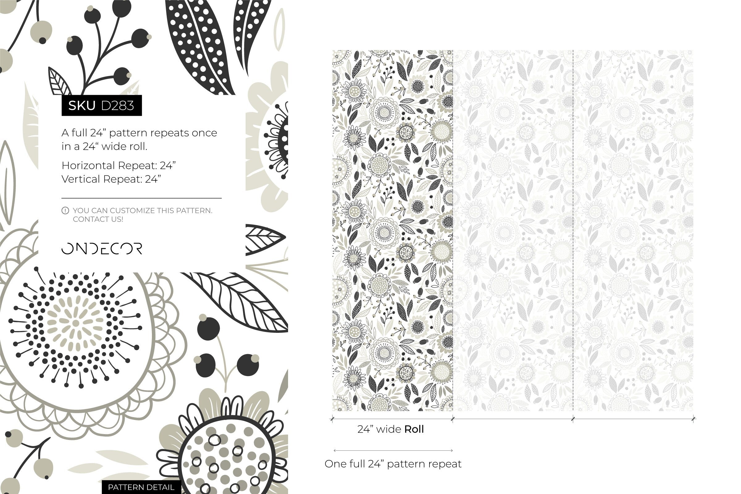 Floral Wallpaper With Stylized Folk Art Blooms In Gray And Black - D283