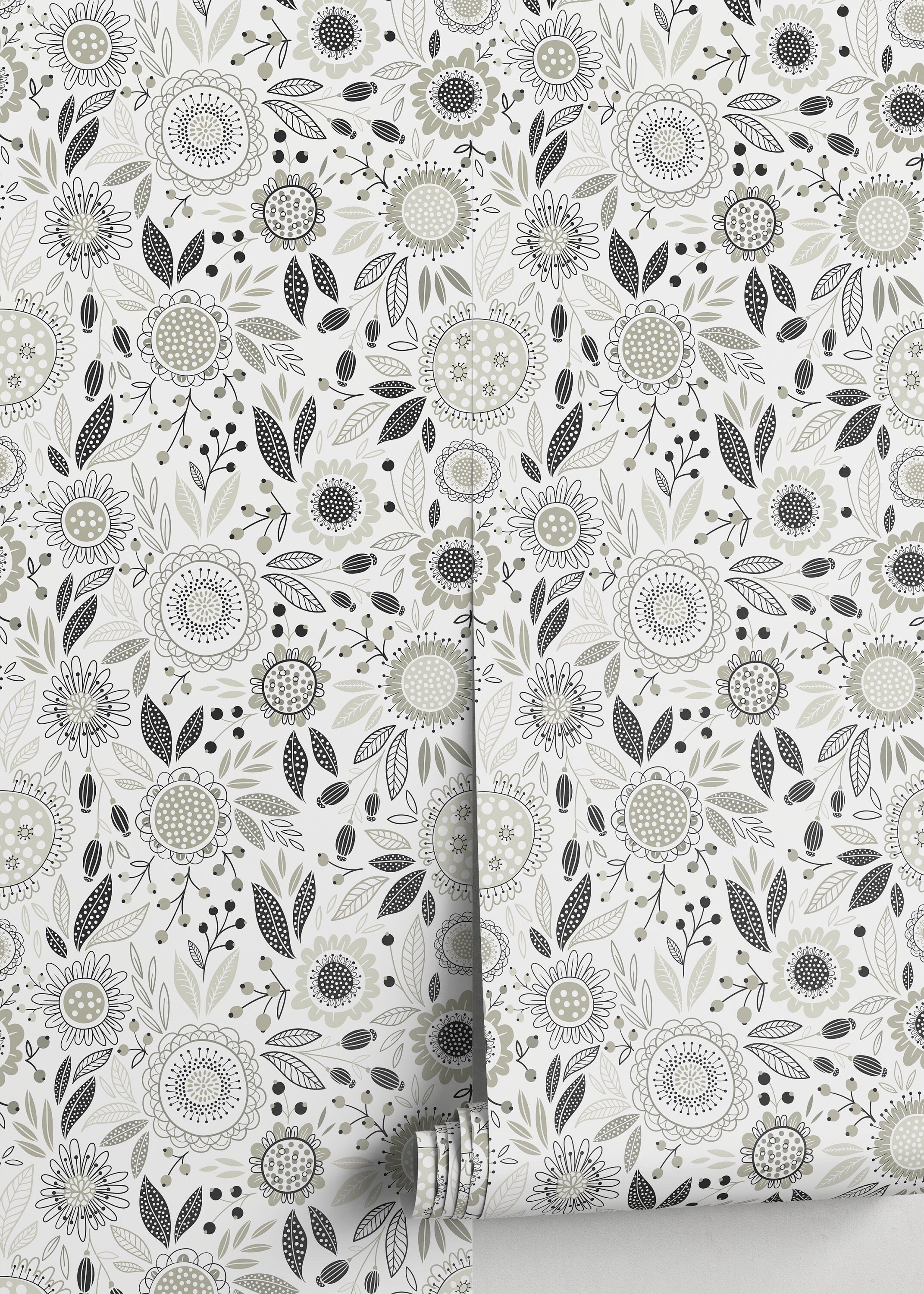Floral Wallpaper With Stylized Folk Art Blooms In Gray And Black - D283