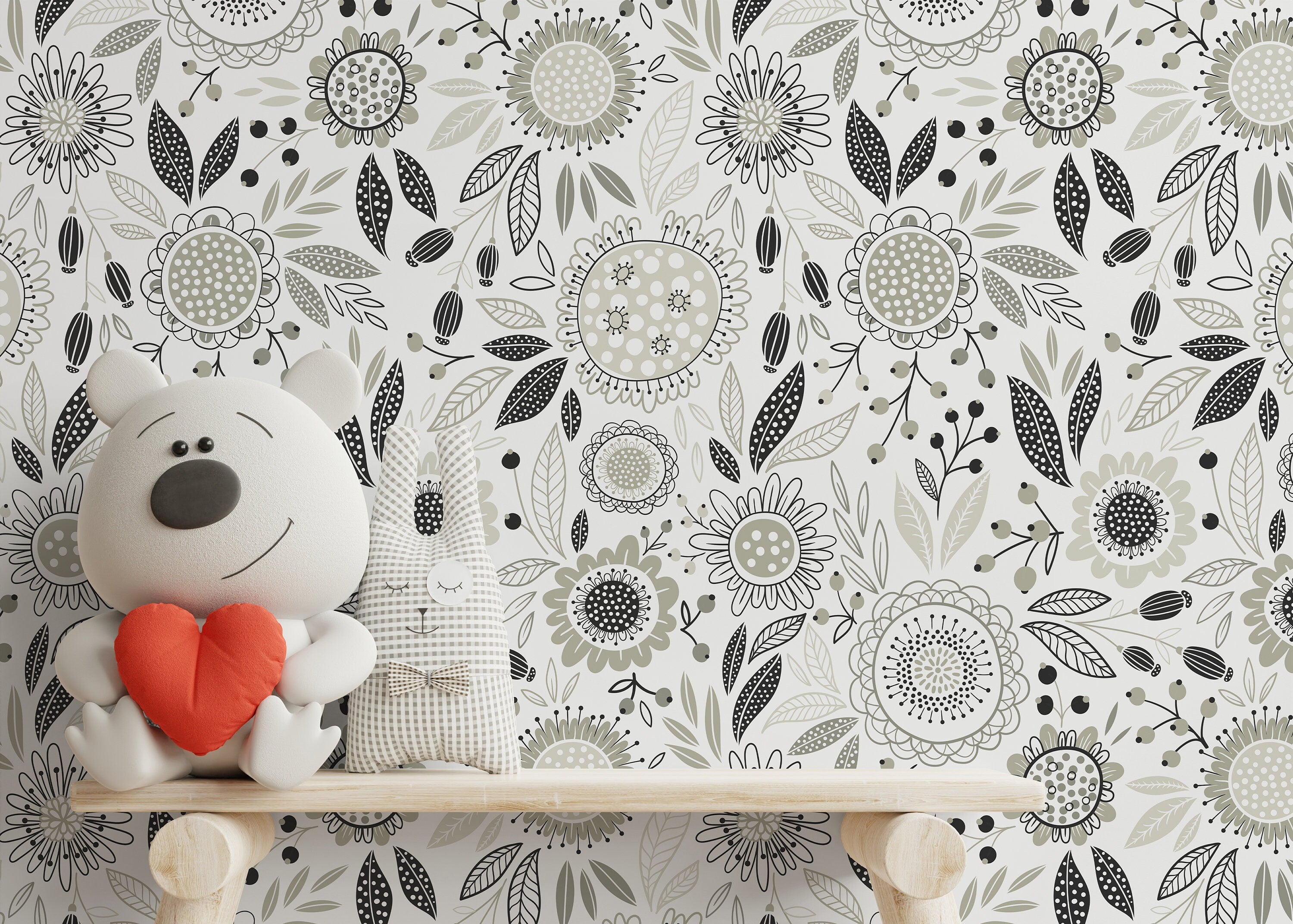 Floral Wallpaper With Stylized Folk Art Blooms In Gray And Black - D283