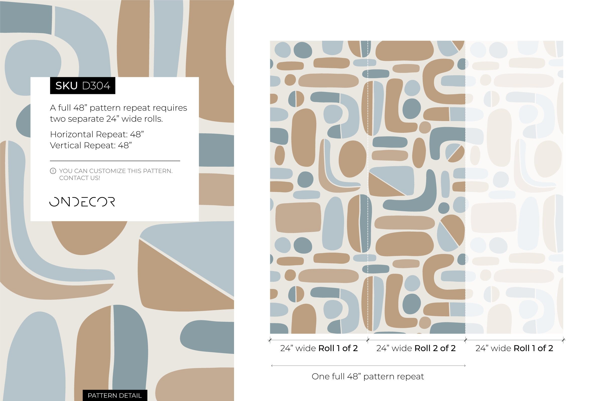 Abstract Wallpaper With Organic Mid-century Shapes In Blue And Tan - D304