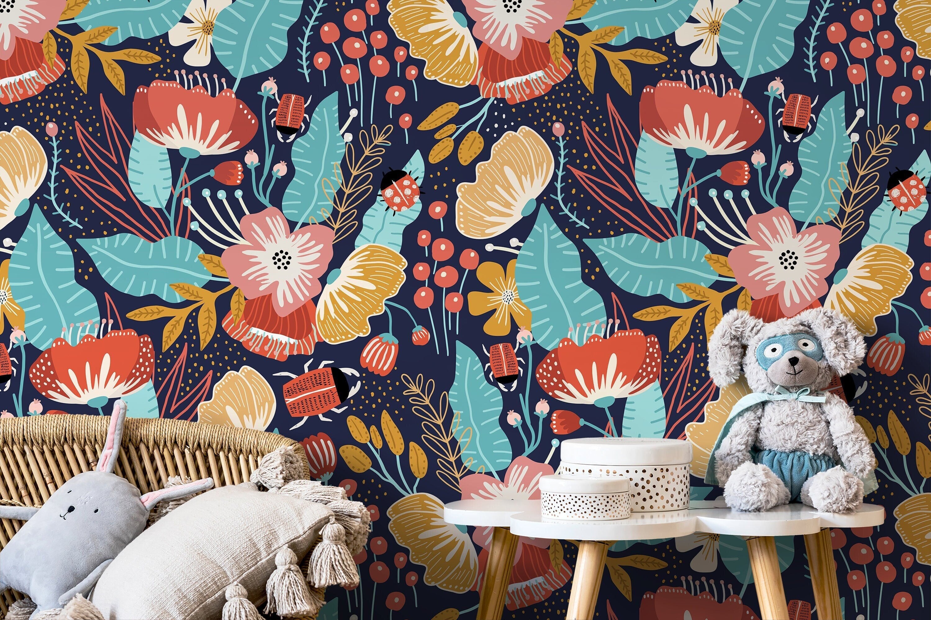 Floral Wallpaper With A Folk Art Garden In Red, Teal, And Yellow - D311