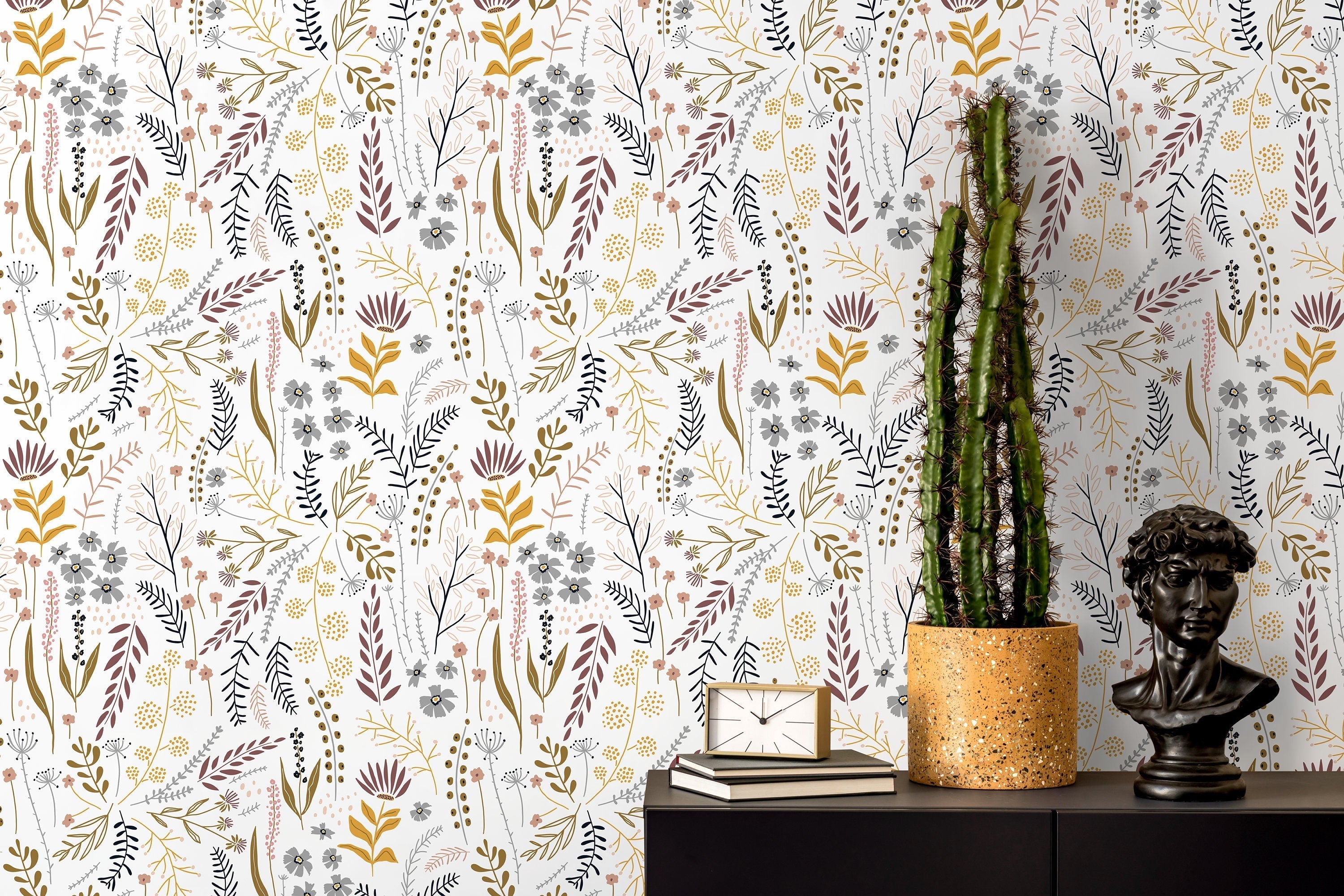 Botanical Wallpaper With A Folk Art Wildflower Motif In Mustard, Mauve, And Gray - D316
