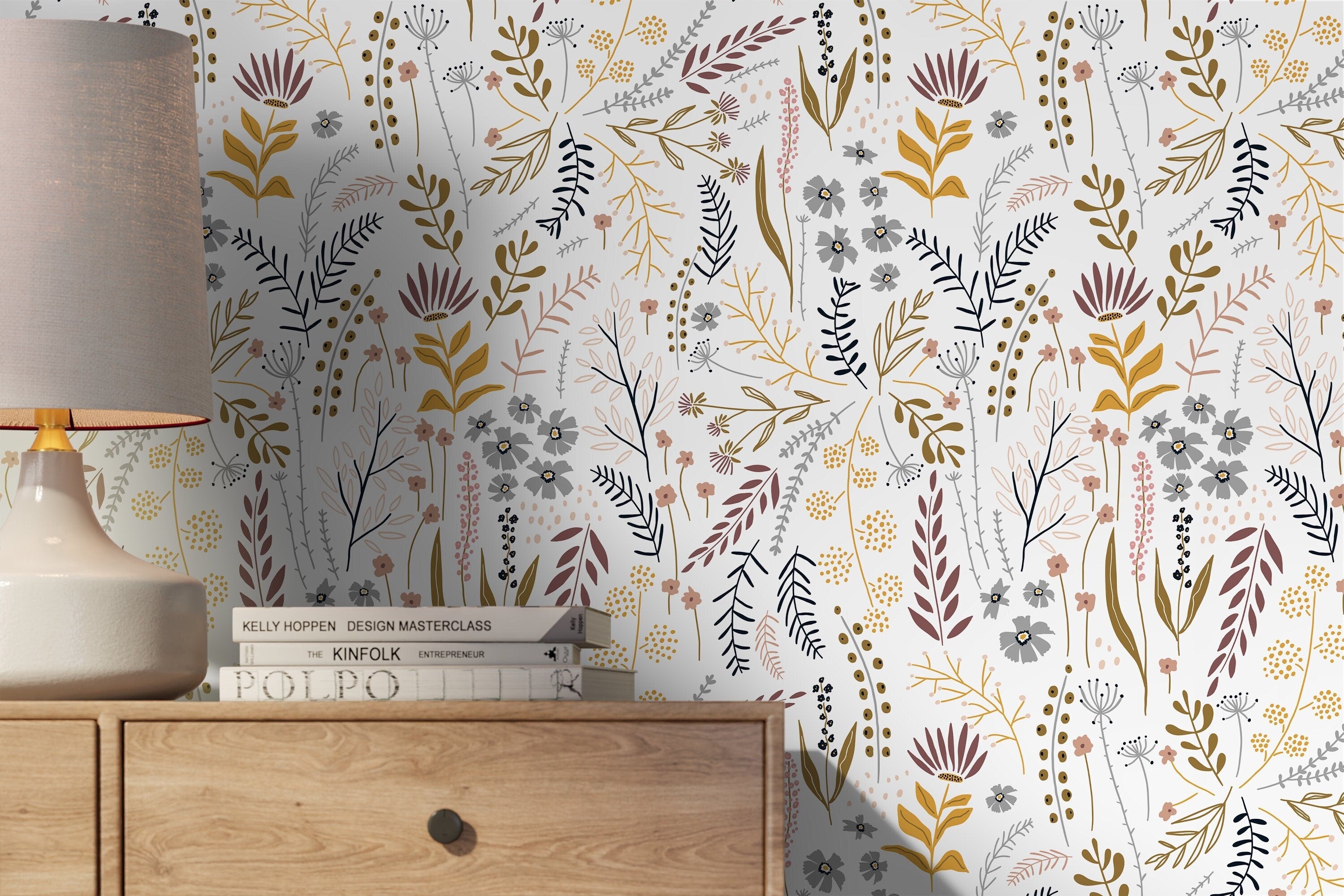 Botanical Wallpaper With A Folk Art Wildflower Motif In Mustard, Mauve, And Gray - D316