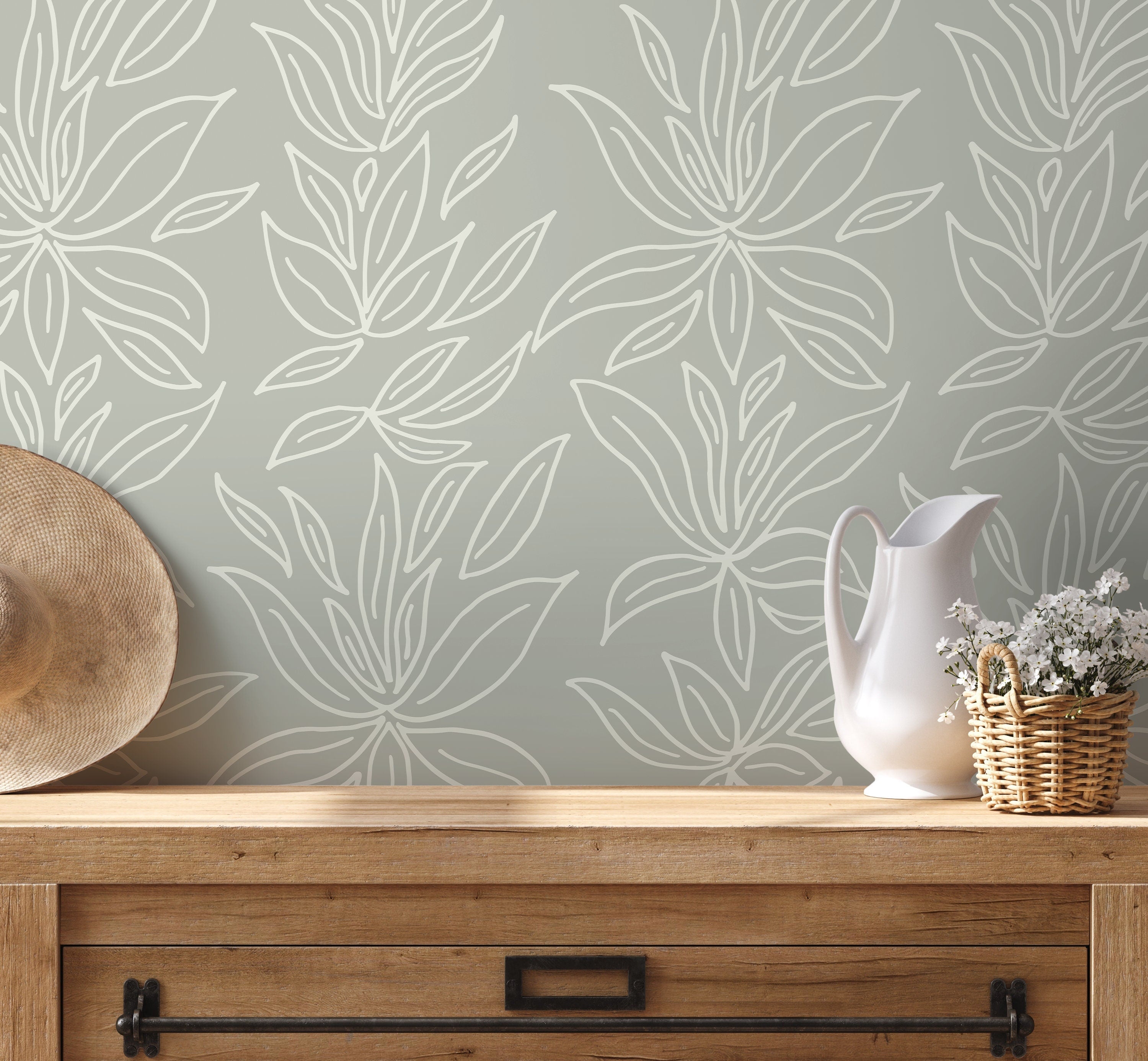 Botanical Wallpaper With A Minimalist Leaf Motif In Sage Green And White - D329