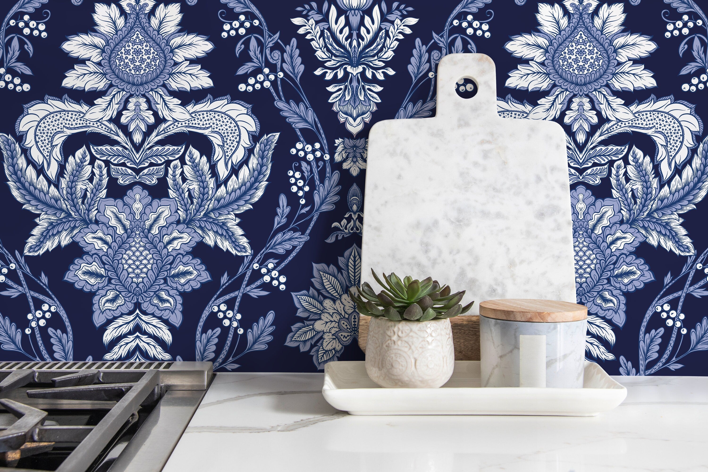 Damask Wallpaper Featuring An Intricate Victorian Motif In Navy Blue, Blue, And White - D223