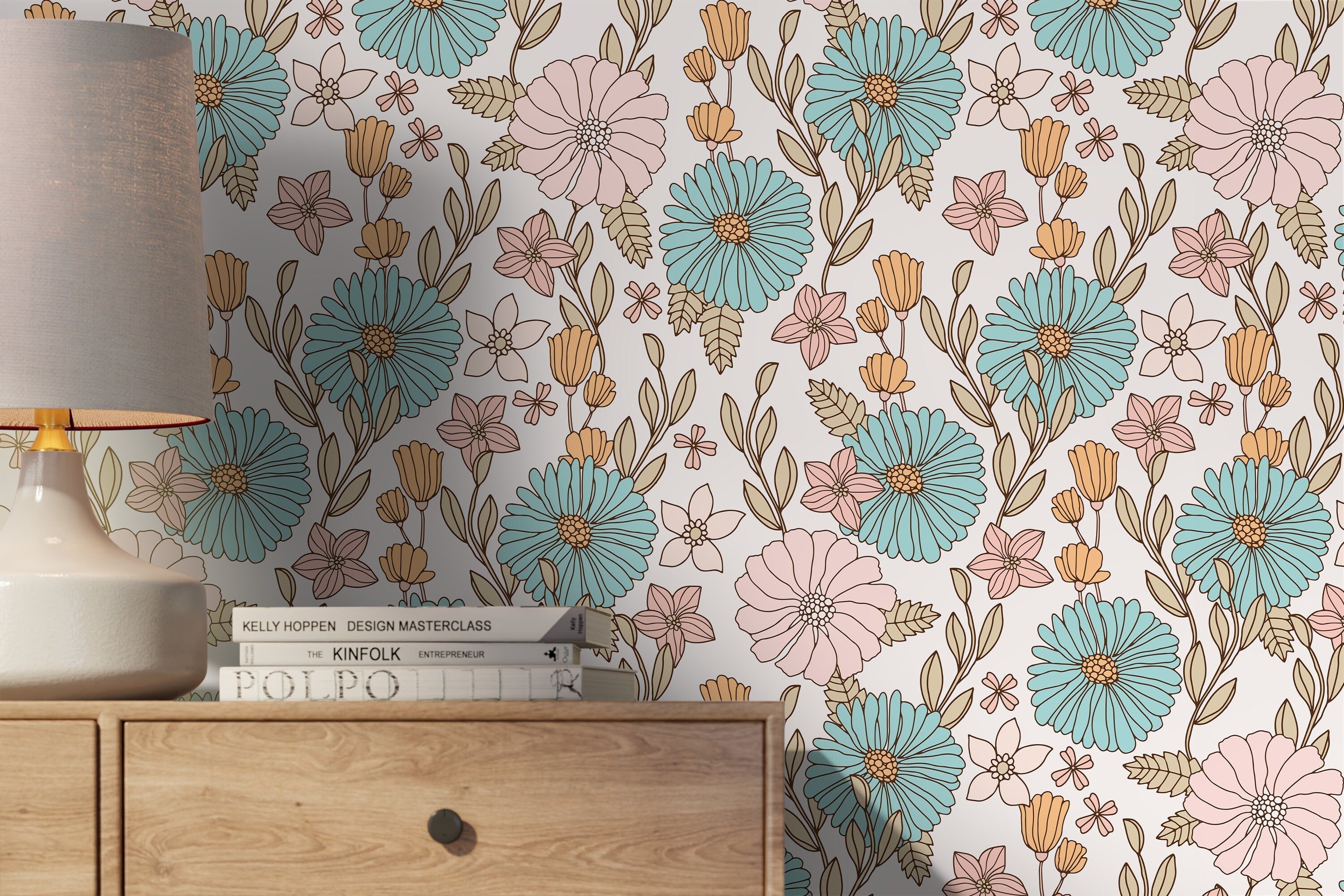 Retro Floral Wallpaper With A Groovy 70s Motif In Blue, Pink, And Orange - D379
