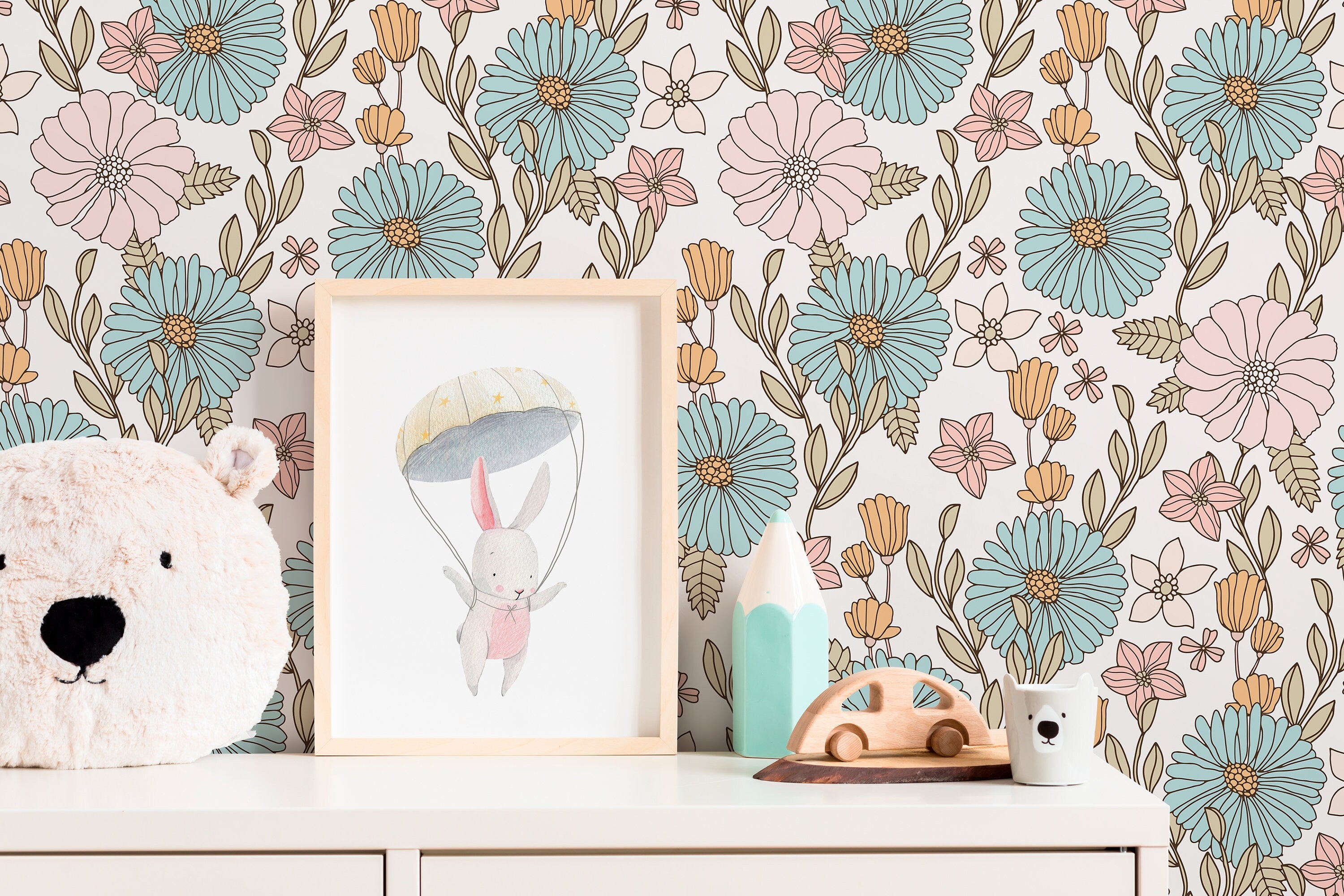 Retro Floral Wallpaper With A Groovy 70s Motif In Blue, Pink, And Orange - D379