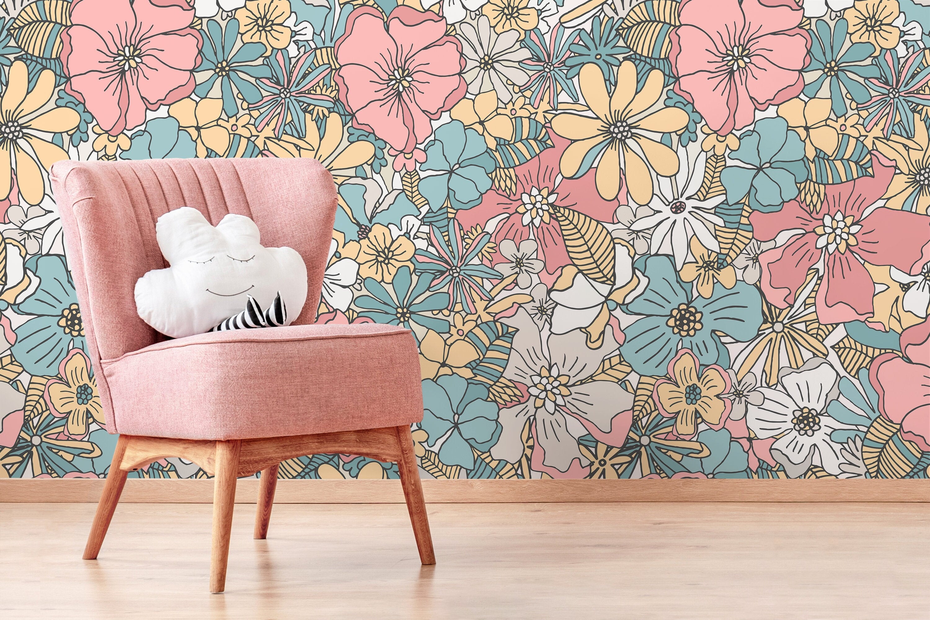 Retro Floral Wallpaper With A Groovy Flower Motif In Pink, Blue, And Yellow - D382