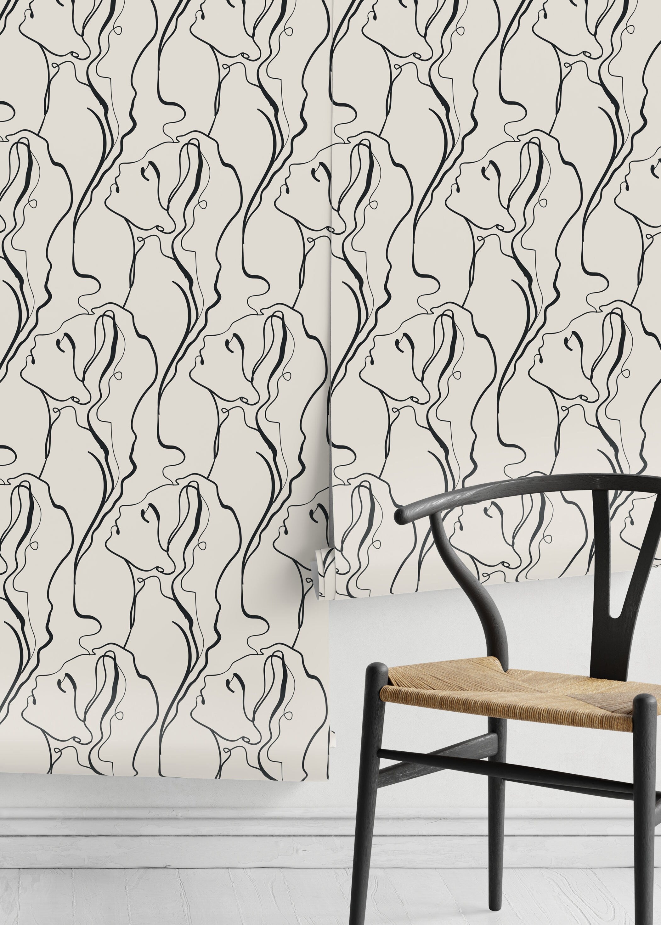 Line Art Wallpaper Featuring Elegant Face Silhouettes In Black And Beige - D383