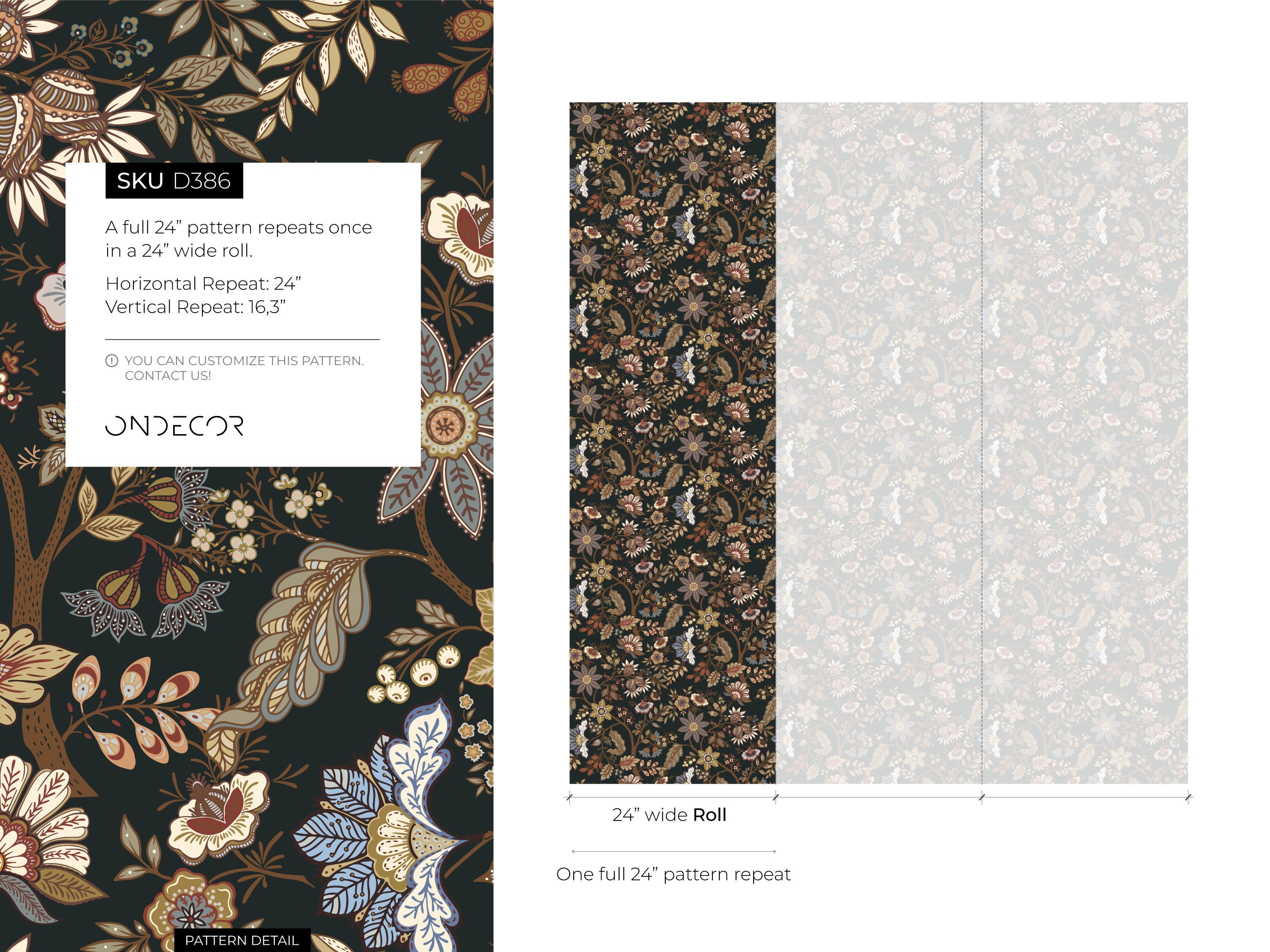 Floral Wallpaper With A Vintage Chintz Motif In Black, Brown, And Blue - D386