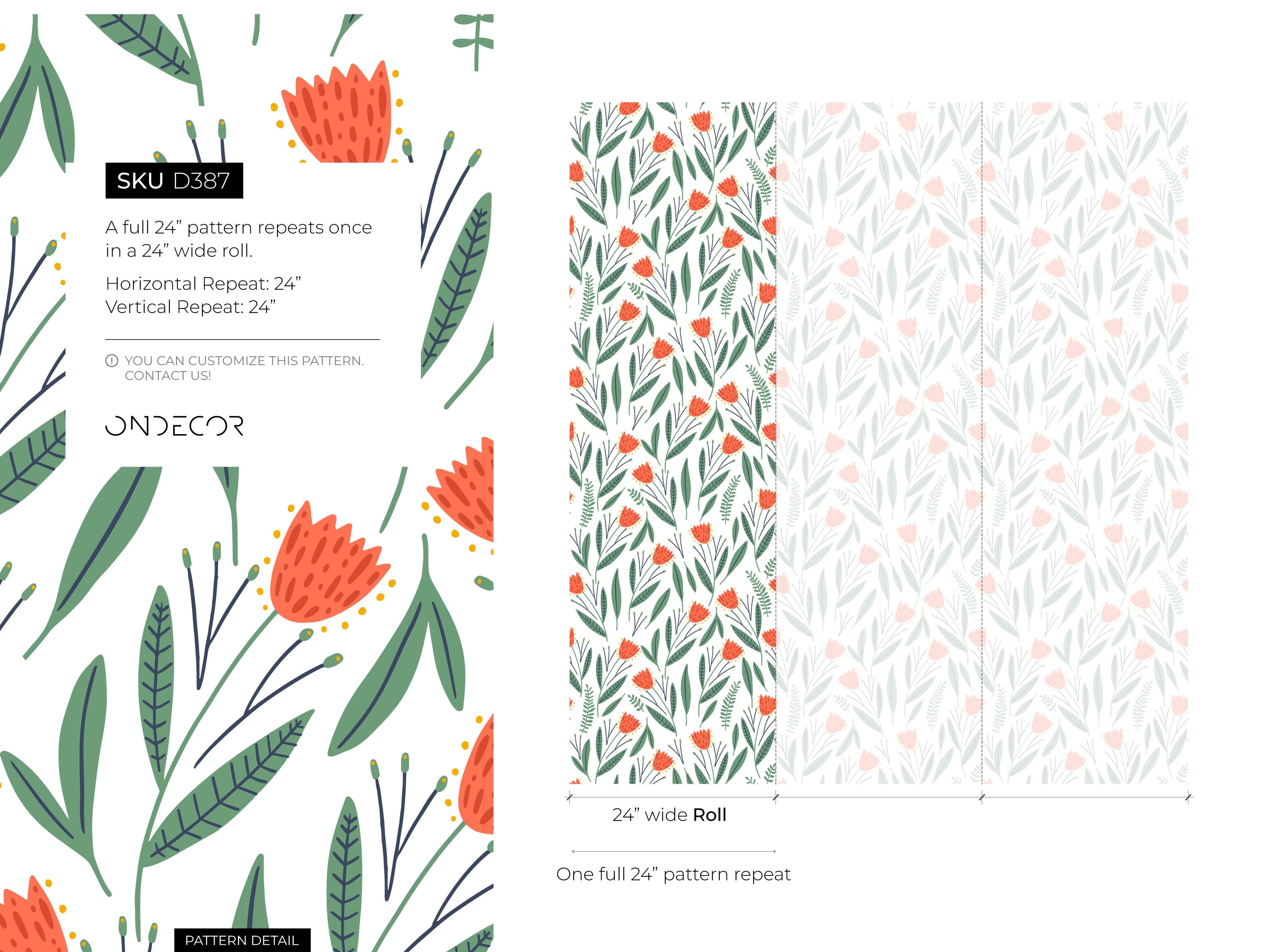 Floral Wallpaper With Stylized Tulips And Leaves In Orange And Green - D387