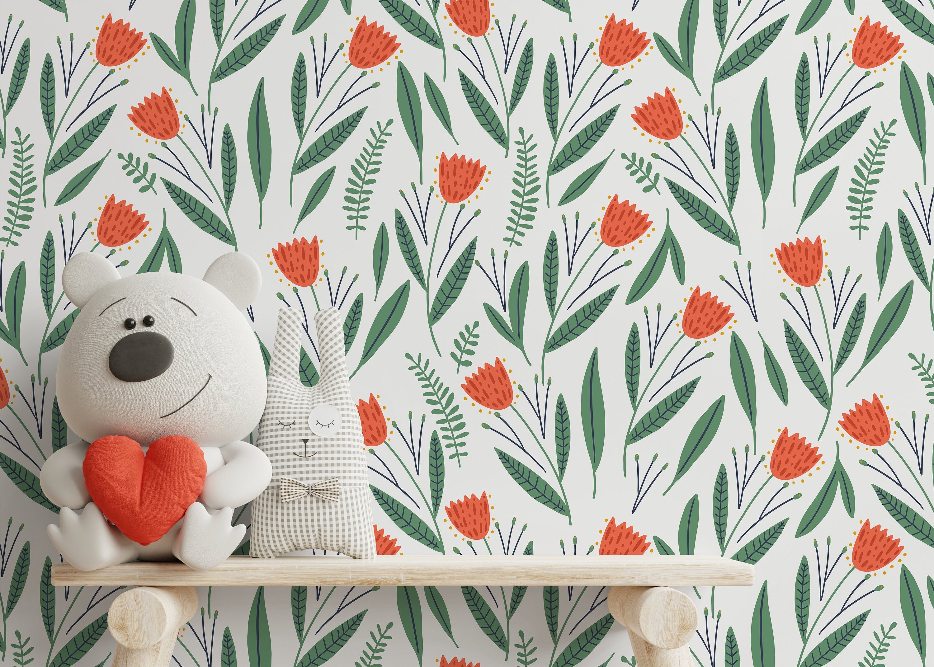 Floral Wallpaper With Stylized Tulips And Leaves In Orange And Green - D387