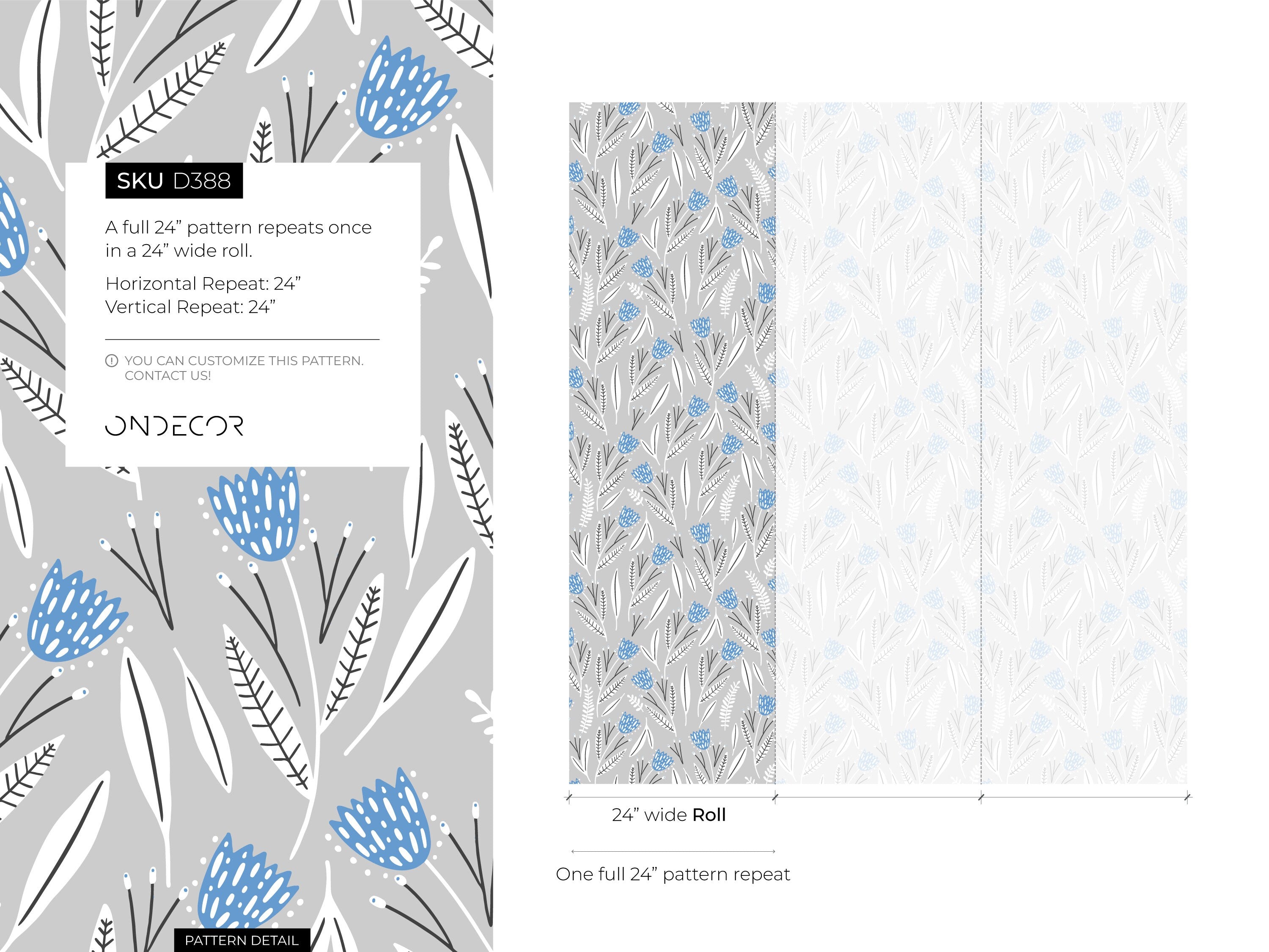 Floral Wallpaper With Stylized Bell Flowers In Blue, Gray, And White - D388