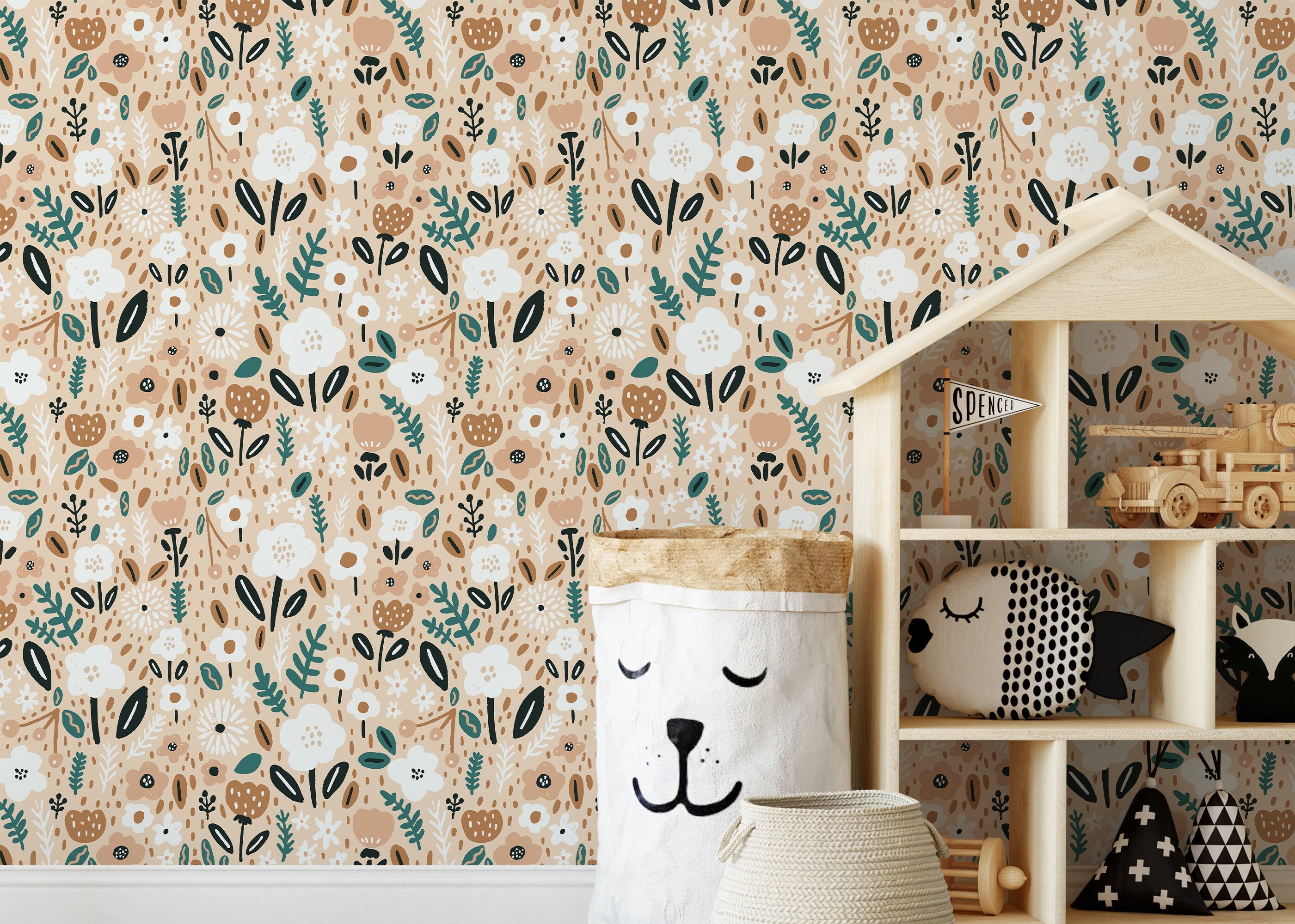 Floral Wallpaper With Stylized Blooms In Teal, Brown, And White - D391