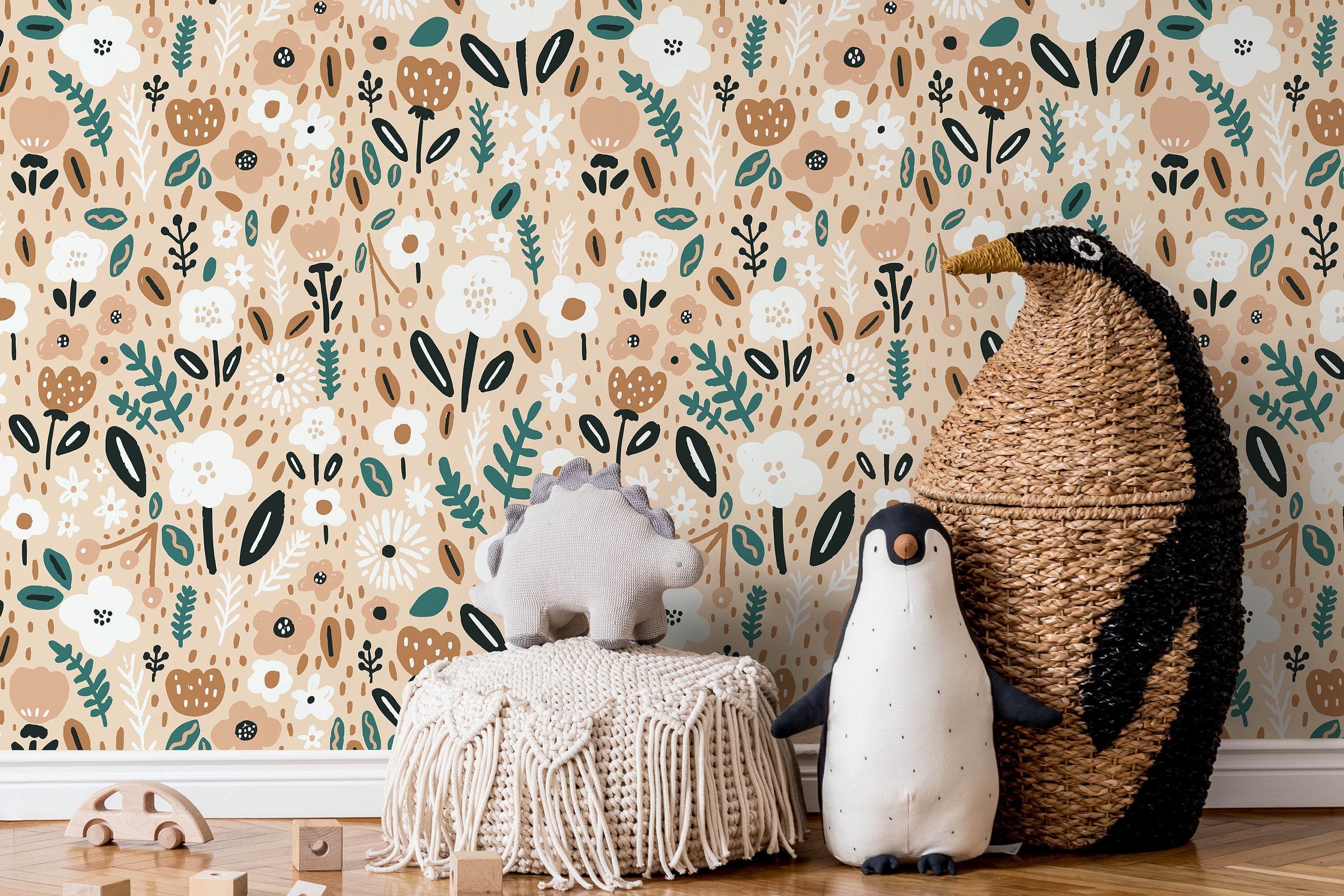 Floral Wallpaper With Stylized Blooms In Teal, Brown, And White - D391