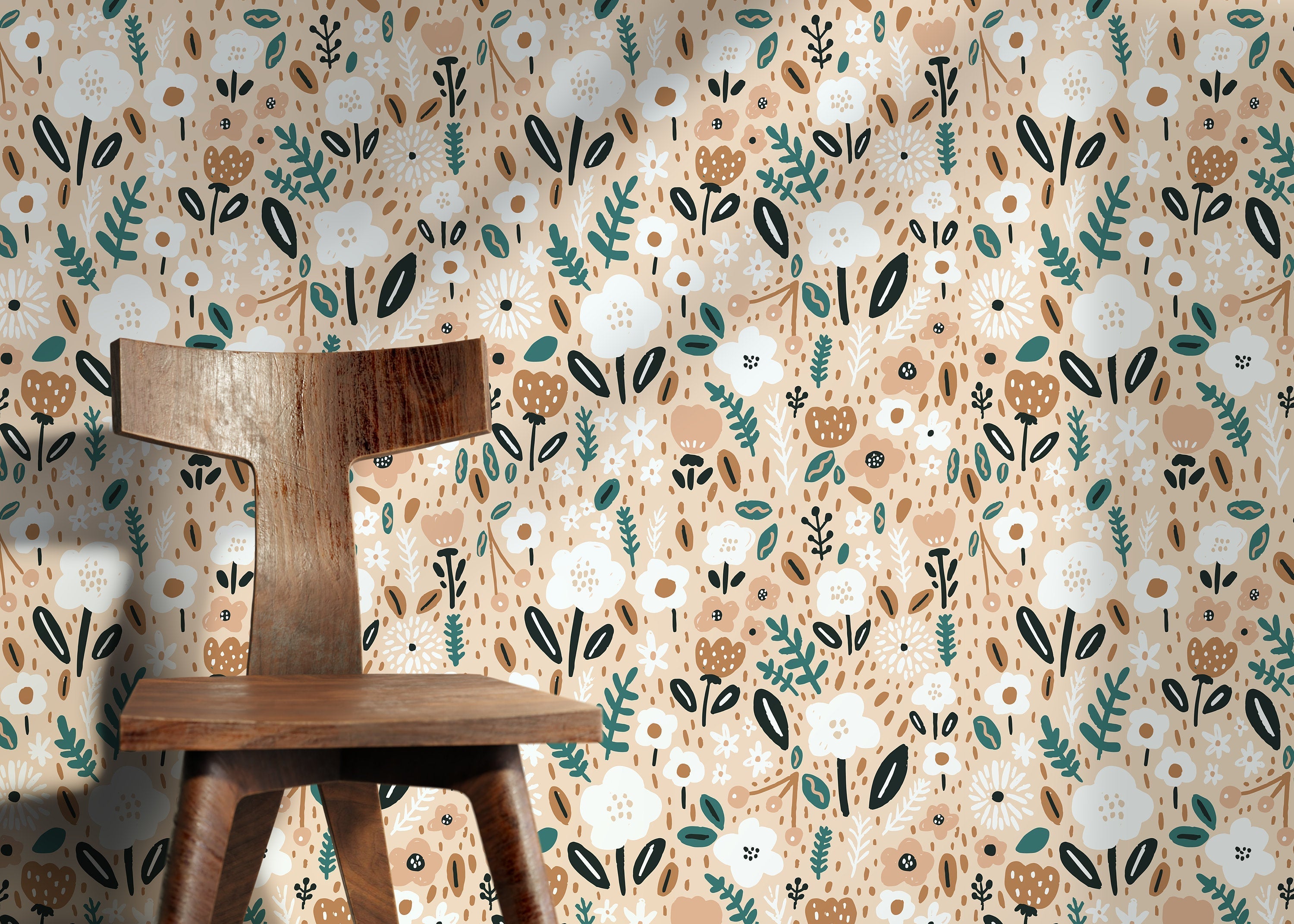 Floral Wallpaper With Stylized Blooms In Teal, Brown, And White - D391