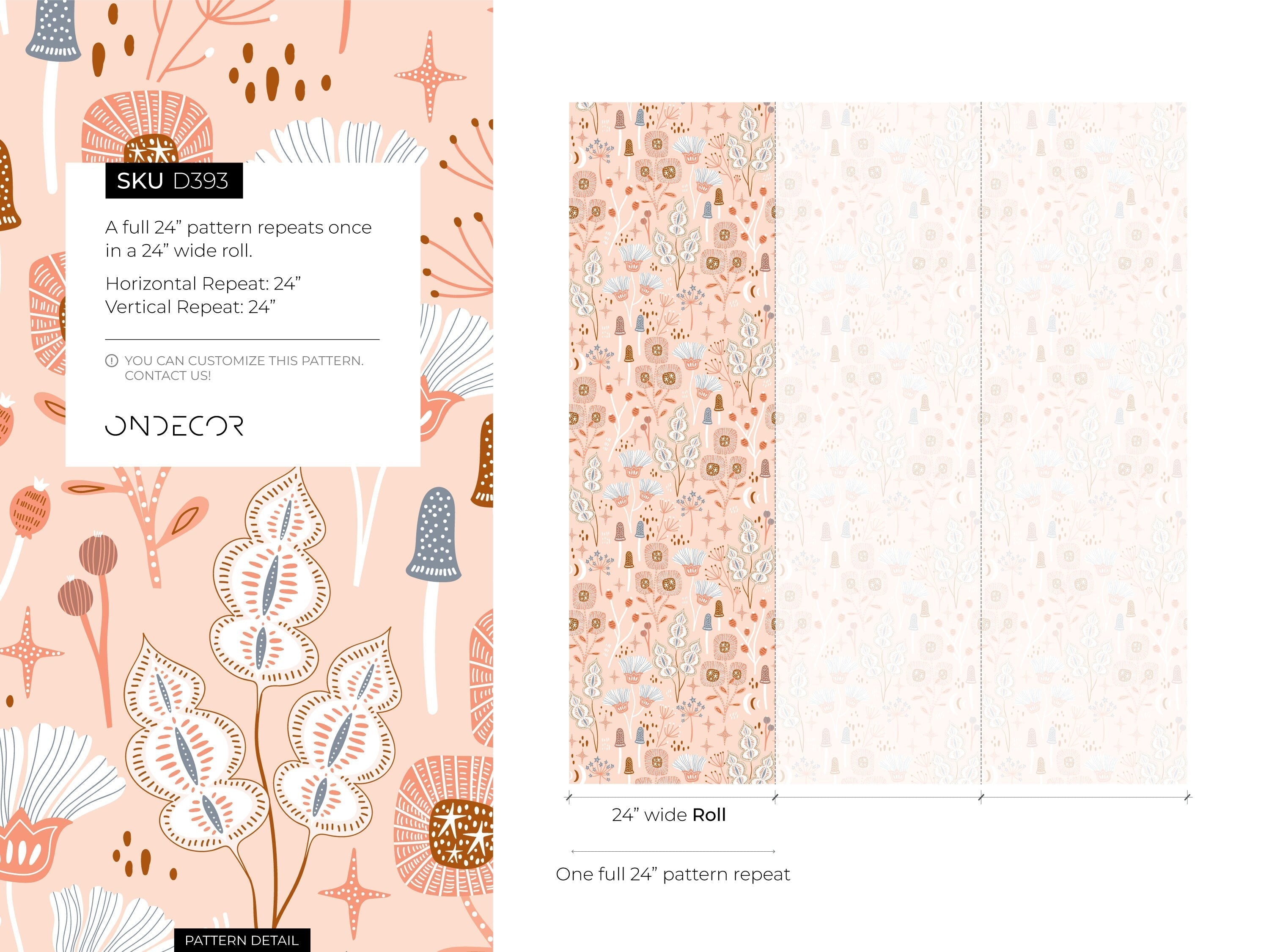 Botanical Wallpaper With Whimsical Flowers And Mushrooms In Pink, Brown, And Blue - D393