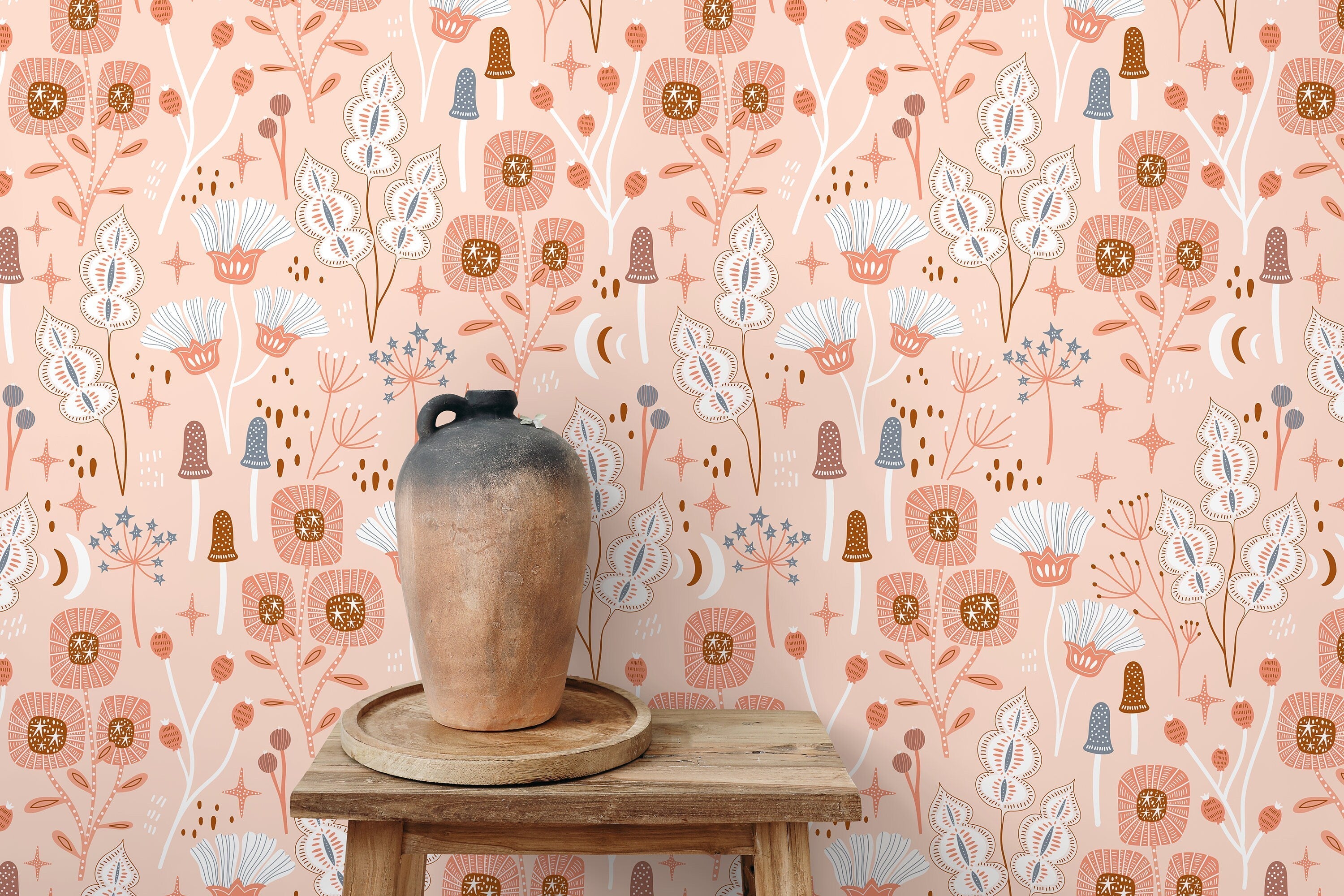 Botanical Wallpaper With Whimsical Flowers And Mushrooms In Pink, Brown, And Blue - D393