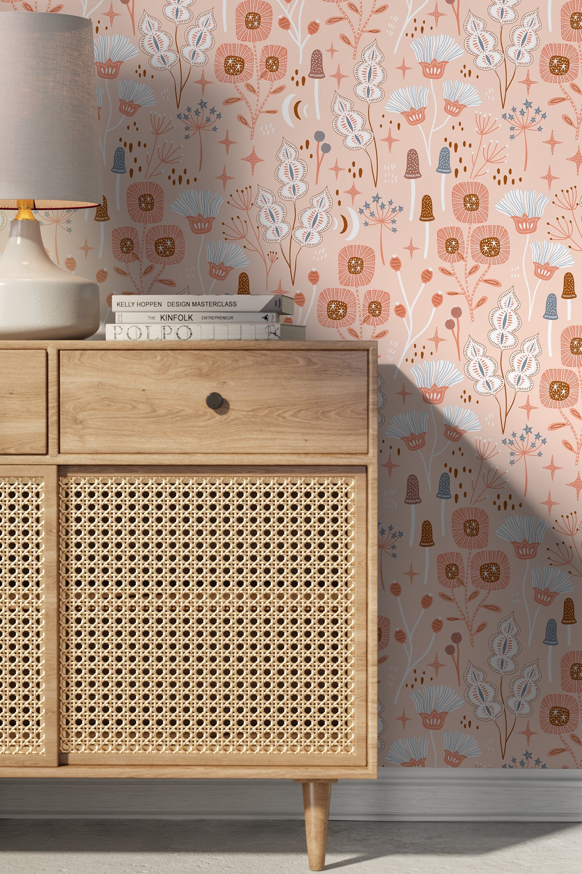 Botanical Wallpaper With Whimsical Flowers And Mushrooms In Pink, Brown, And Blue - D393