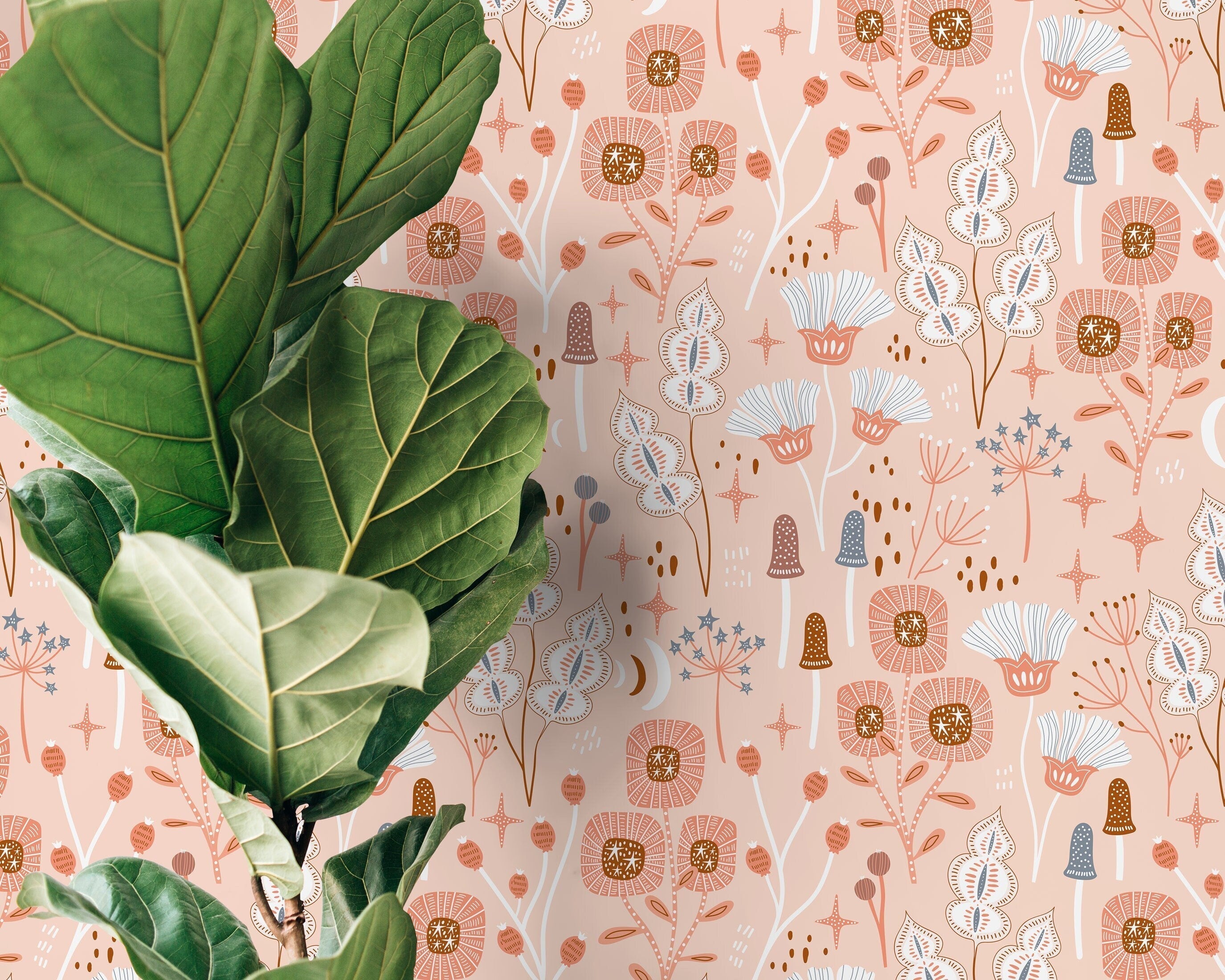 Botanical Wallpaper With Whimsical Flowers And Mushrooms In Pink, Brown, And Blue - D393