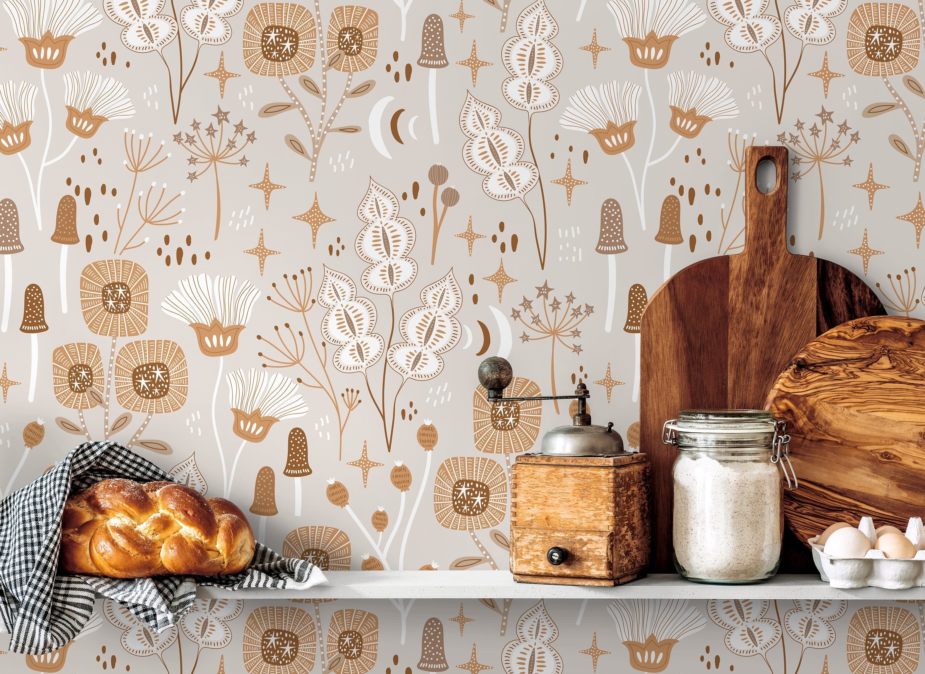 Floral Wallpaper With A Whimsical Woodland Motif In Brown, Tan, And White - D394
