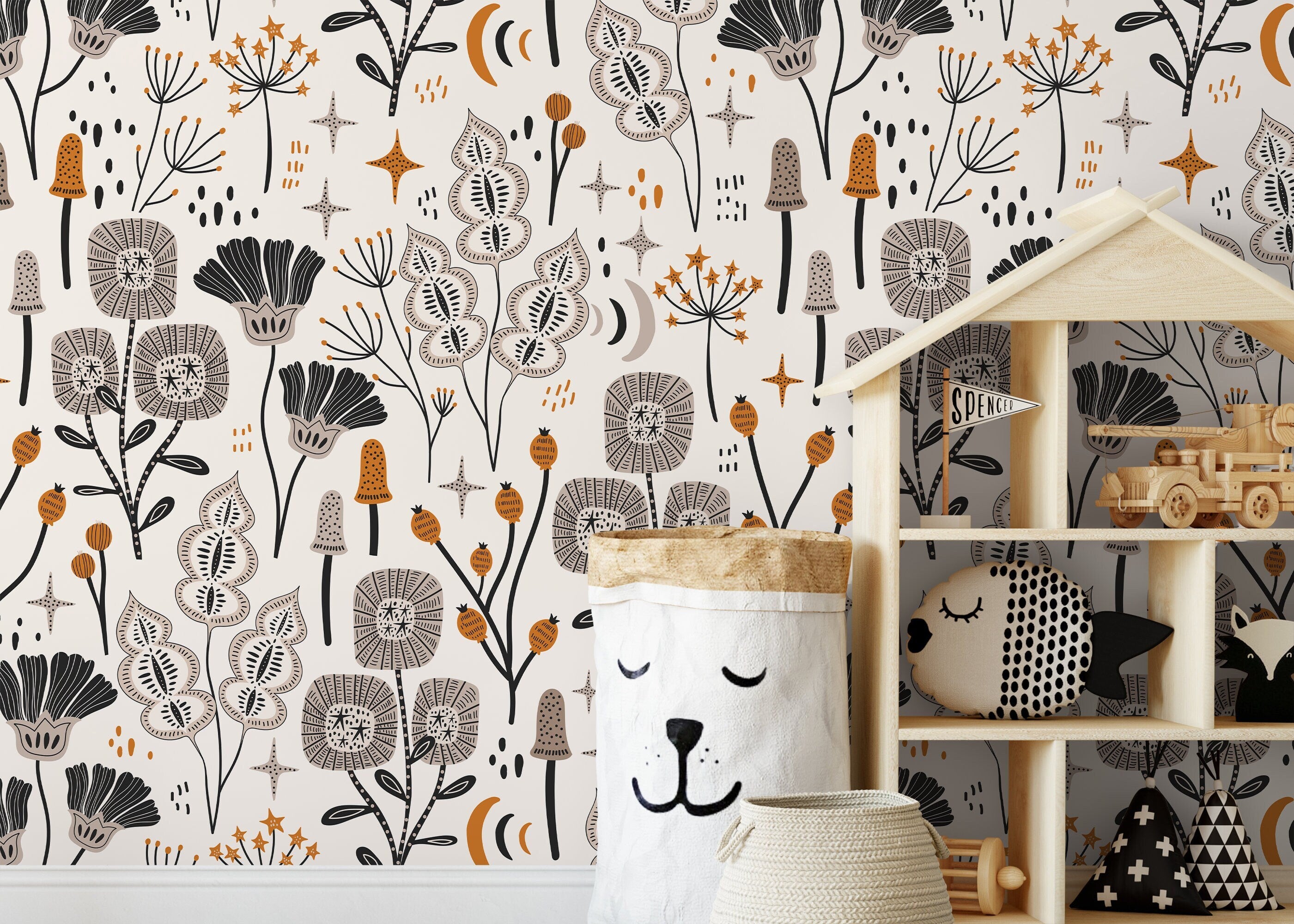 Botanical Wallpaper With Stylized Flowers In Black, Ochre, And Taupe - D395