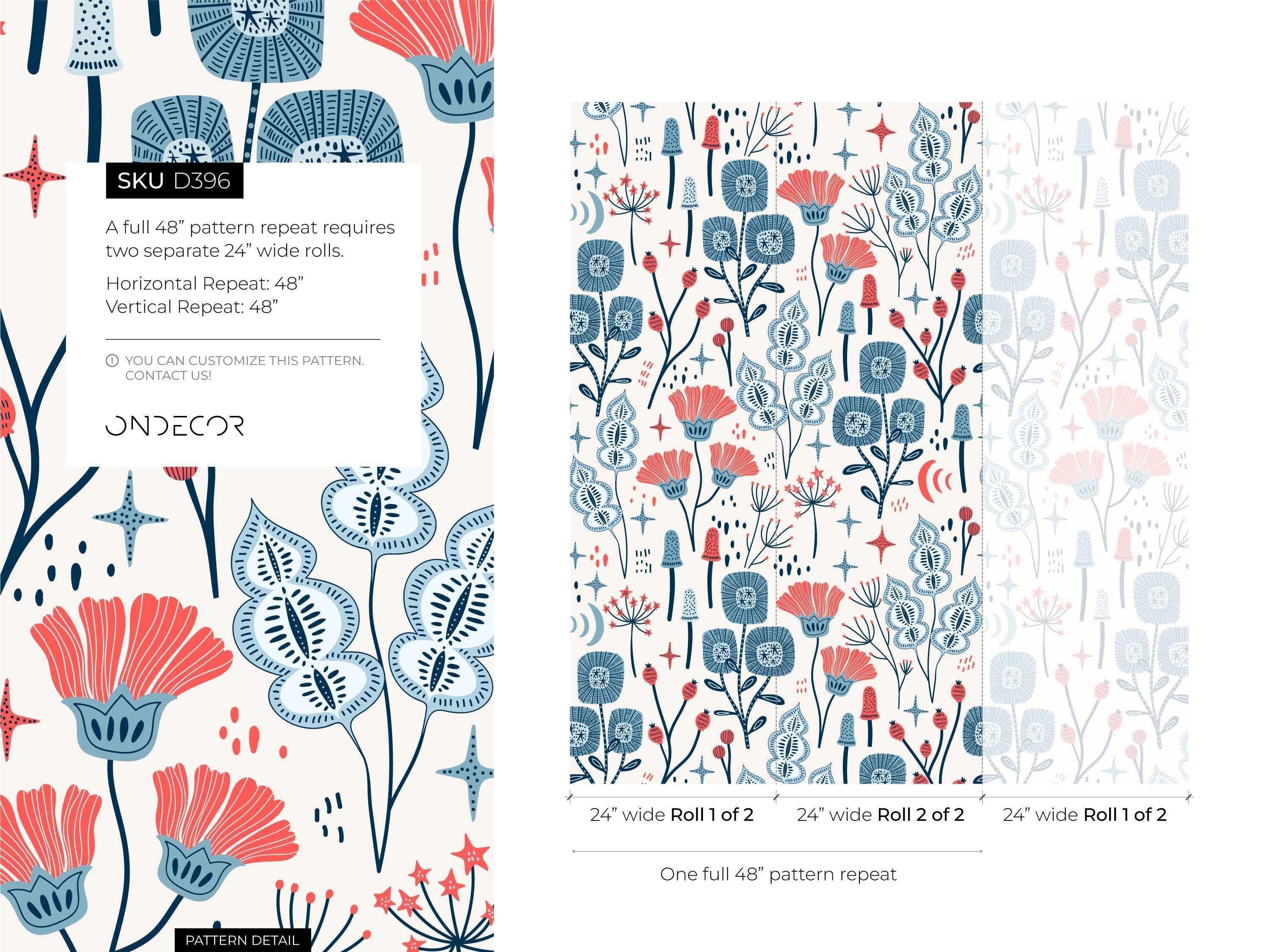Floral Wallpaper With Whimsical Folk Art Flowers In Red And Blue - D396