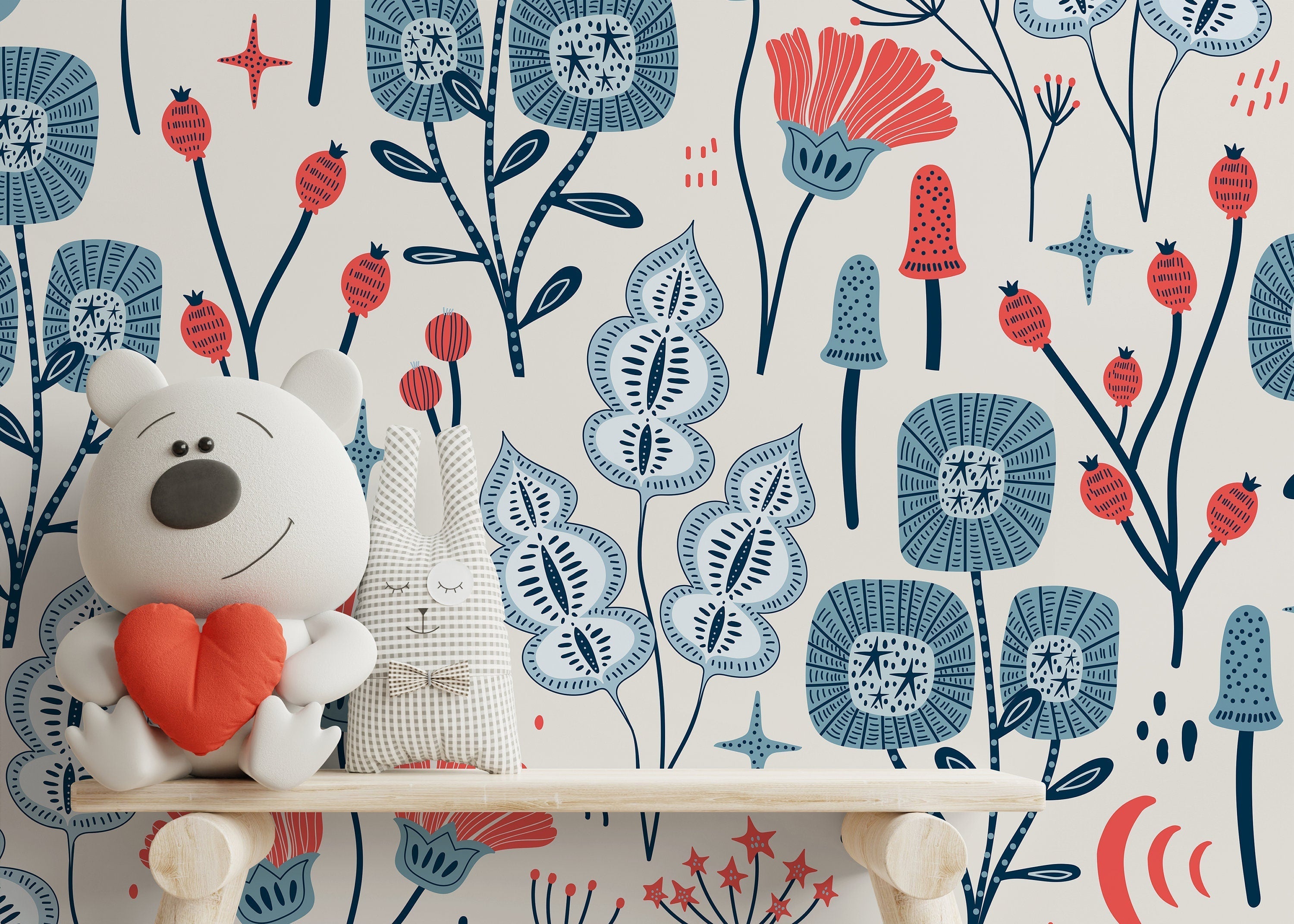 Floral Wallpaper With Whimsical Folk Art Flowers In Red And Blue - D396