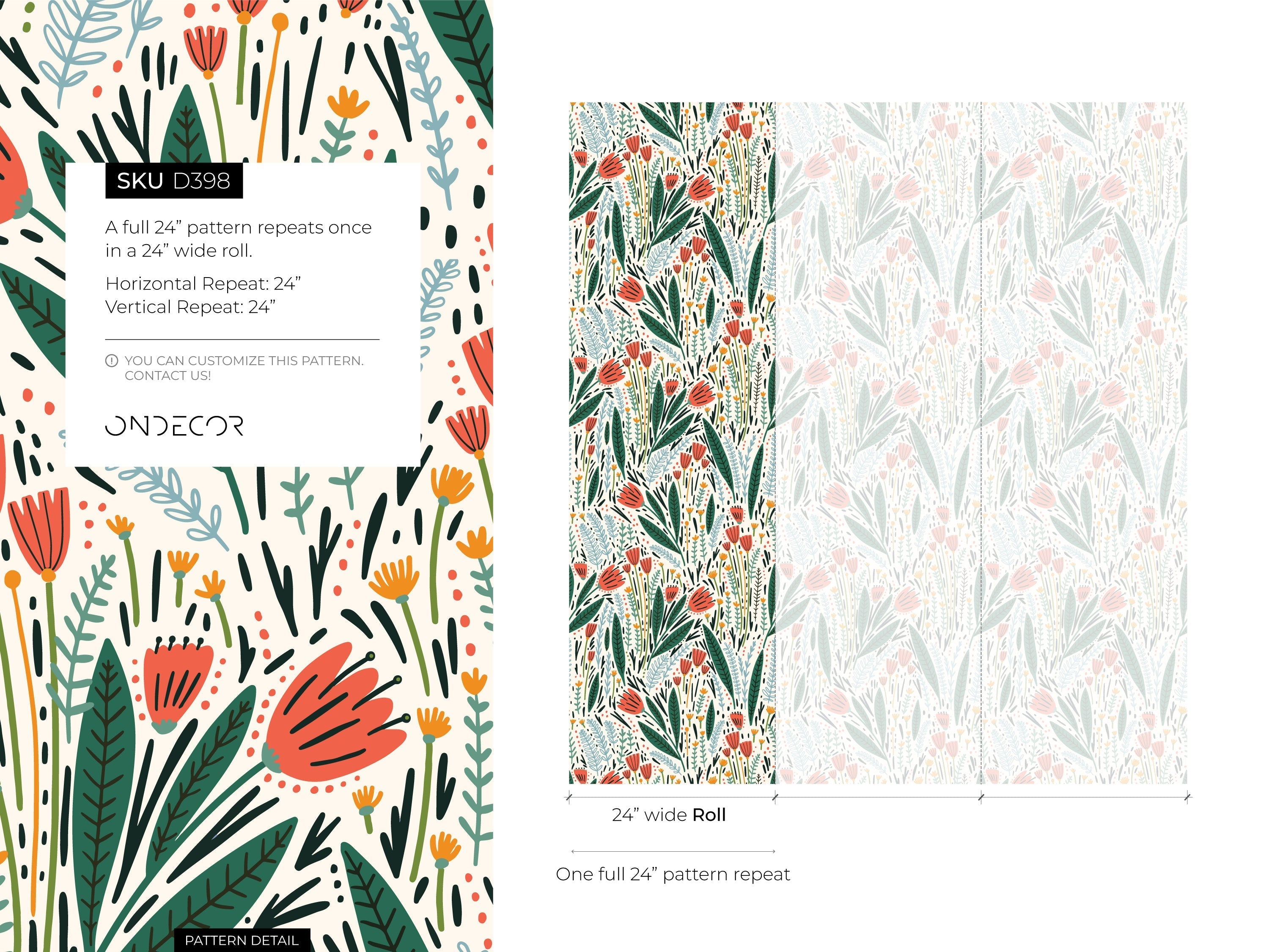 Floral Wallpaper Featuring Scandinavian Folk Art Florals In Coral, Green, And Blue - D398