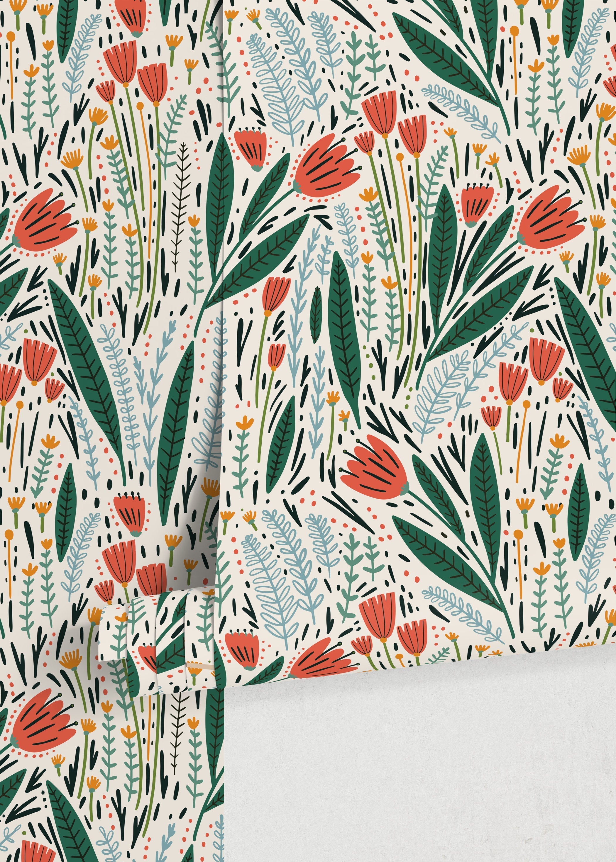 Floral Wallpaper Featuring Scandinavian Folk Art Florals In Coral, Green, And Blue - D398