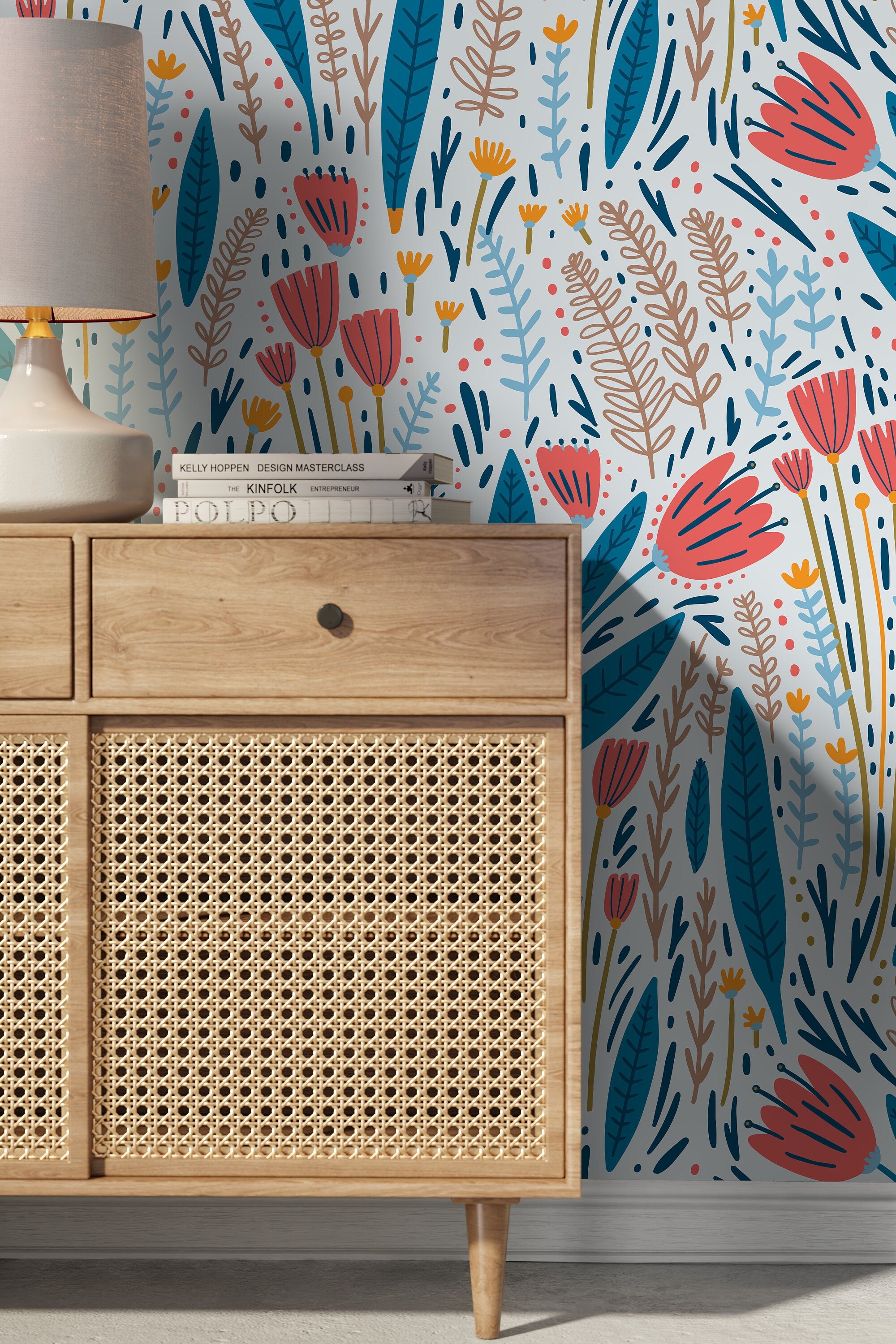 Scandinavian Wallpaper With A Stylized Floral Garden In Coral, Blue, And Ochre - D399