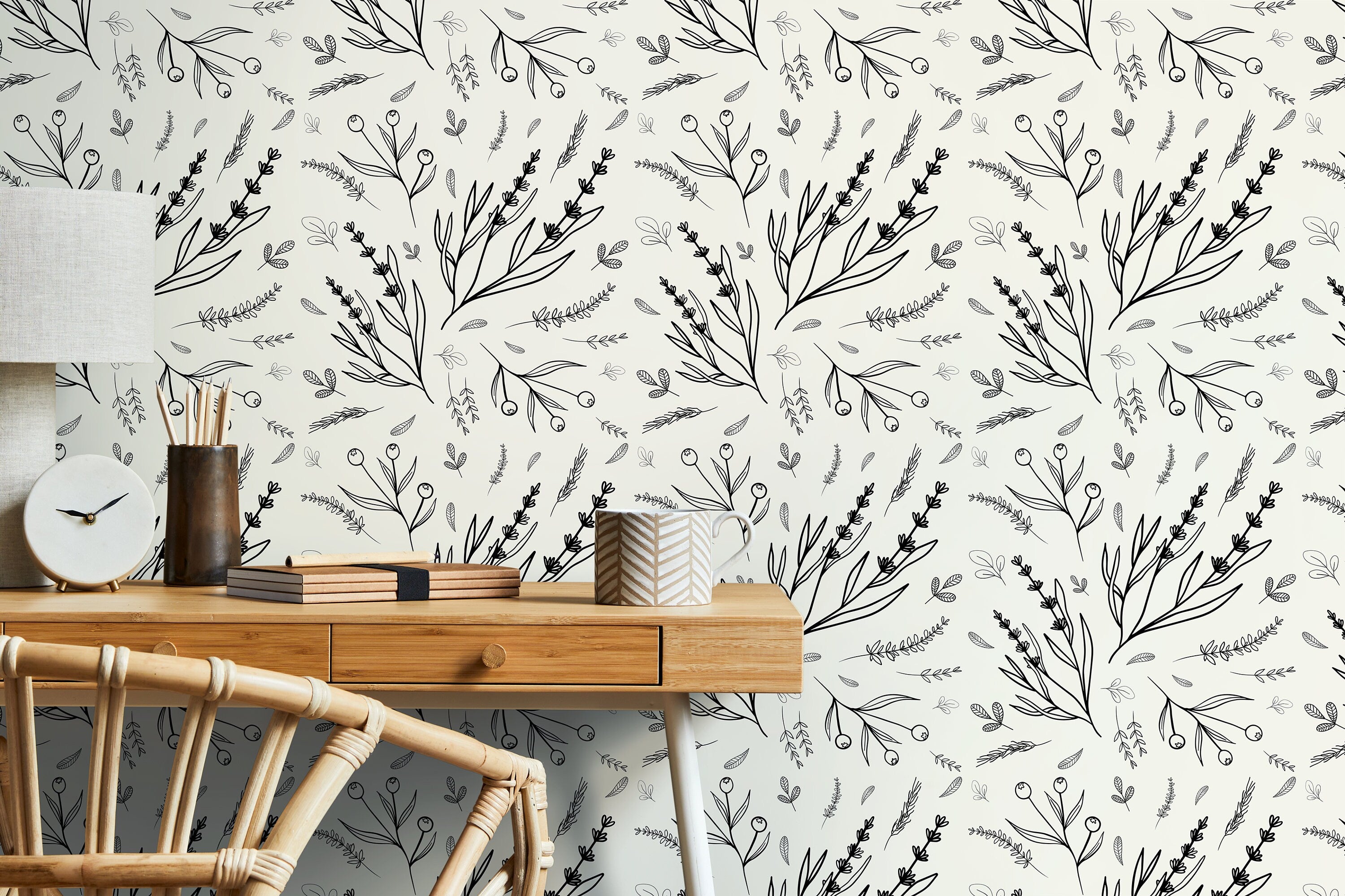 Botanical Wallpaper With Hand-drawn Wildflowers In Black And Light Gray - D400