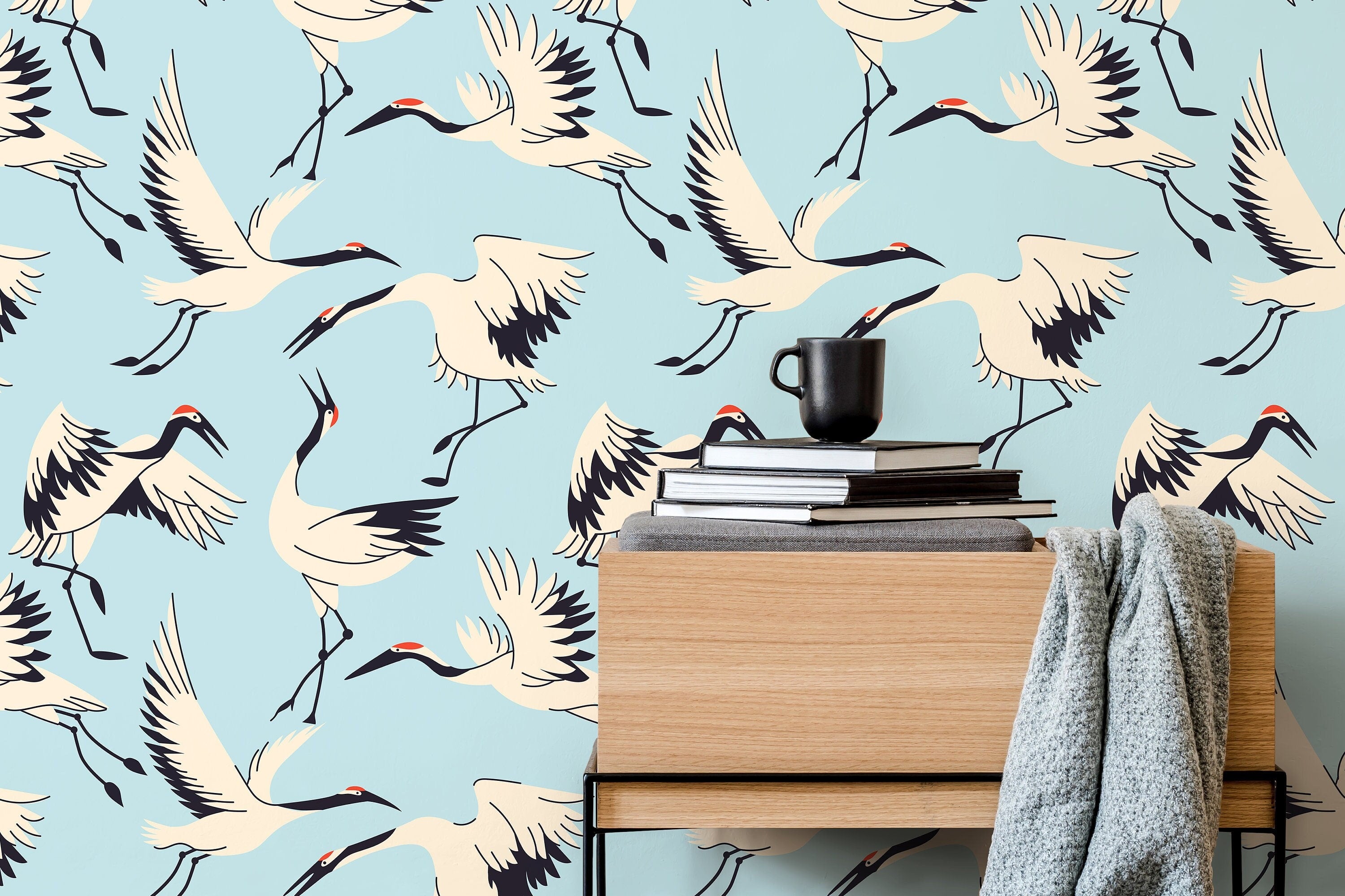 Chinoiserie Wallpaper With Japanese Cranes In Blue, Cream, And Black - D403