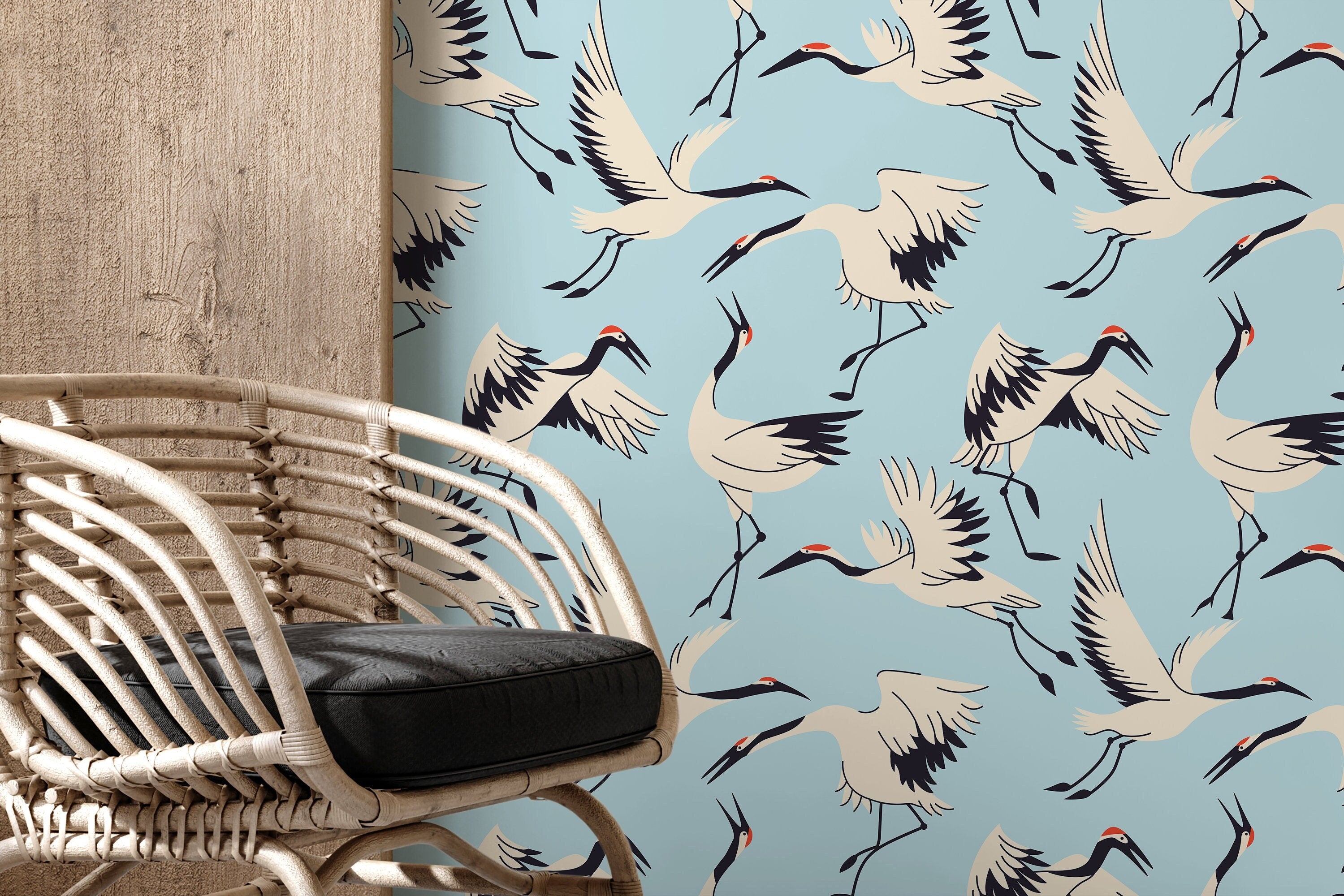Chinoiserie Wallpaper With Japanese Cranes In Blue, Cream, And Black - D403