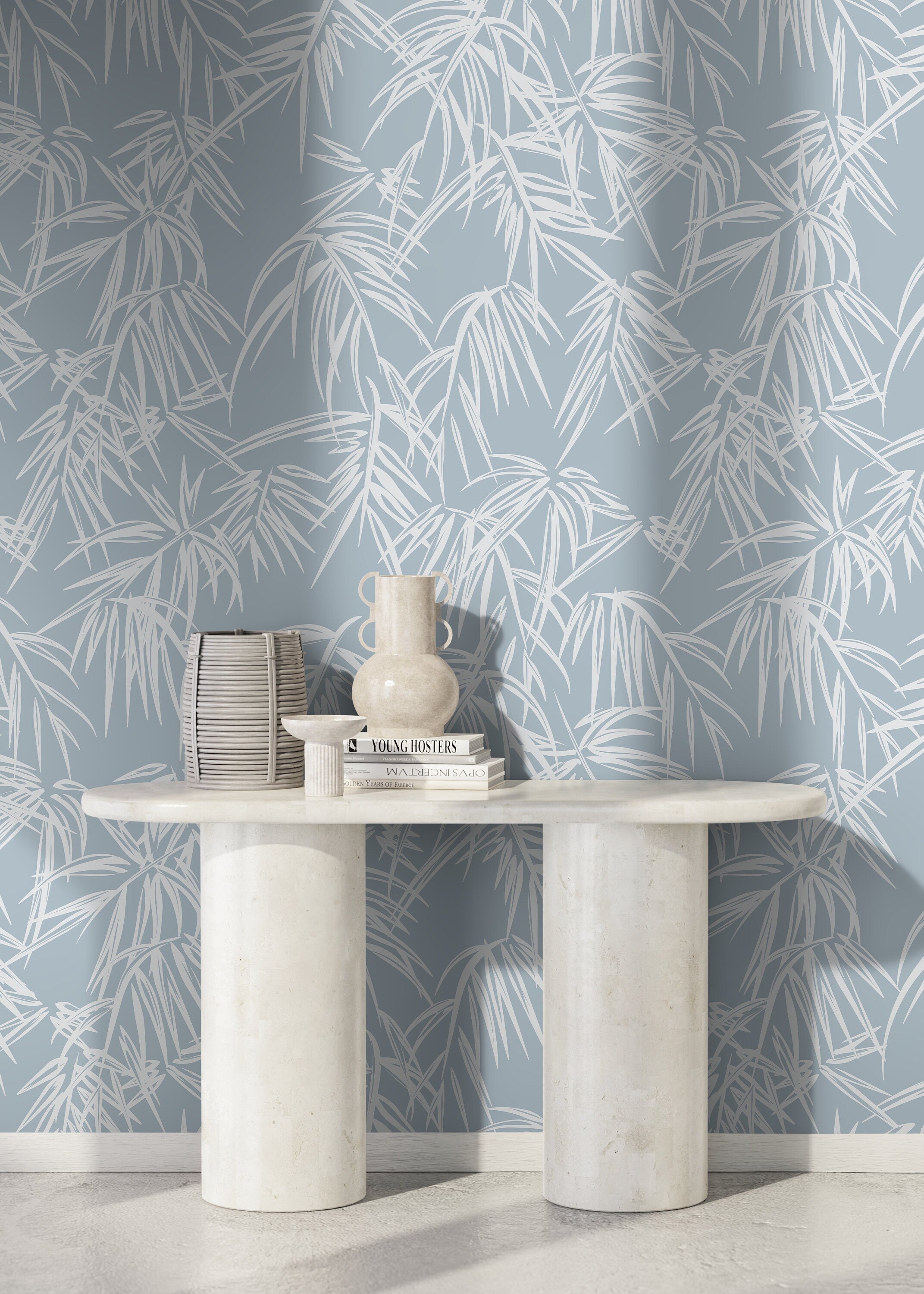Tropical Wallpaper With Stylized Bamboo Leaves In Light Blue And White - D334