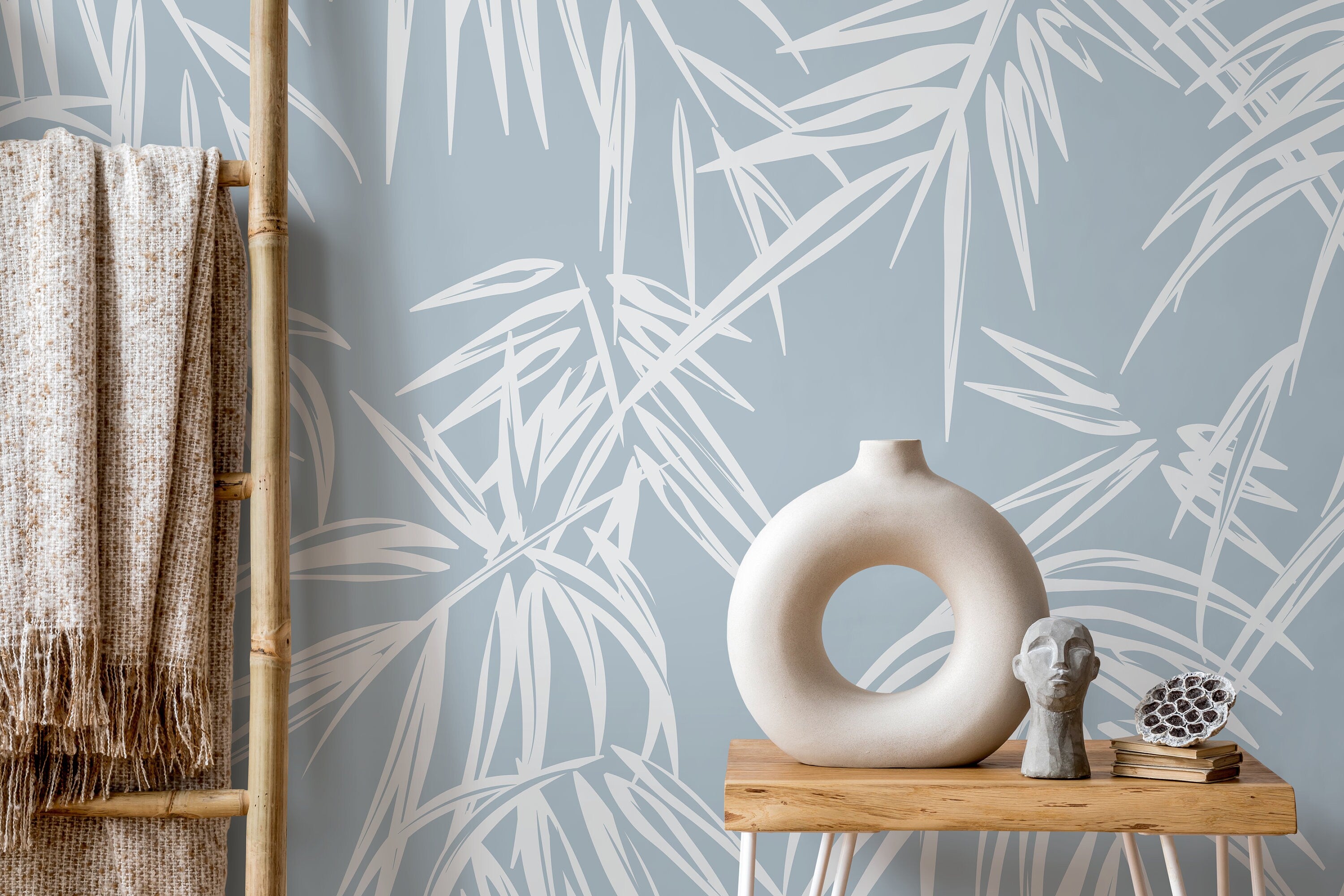 Tropical Wallpaper With Stylized Bamboo Leaves In Light Blue And White - D334
