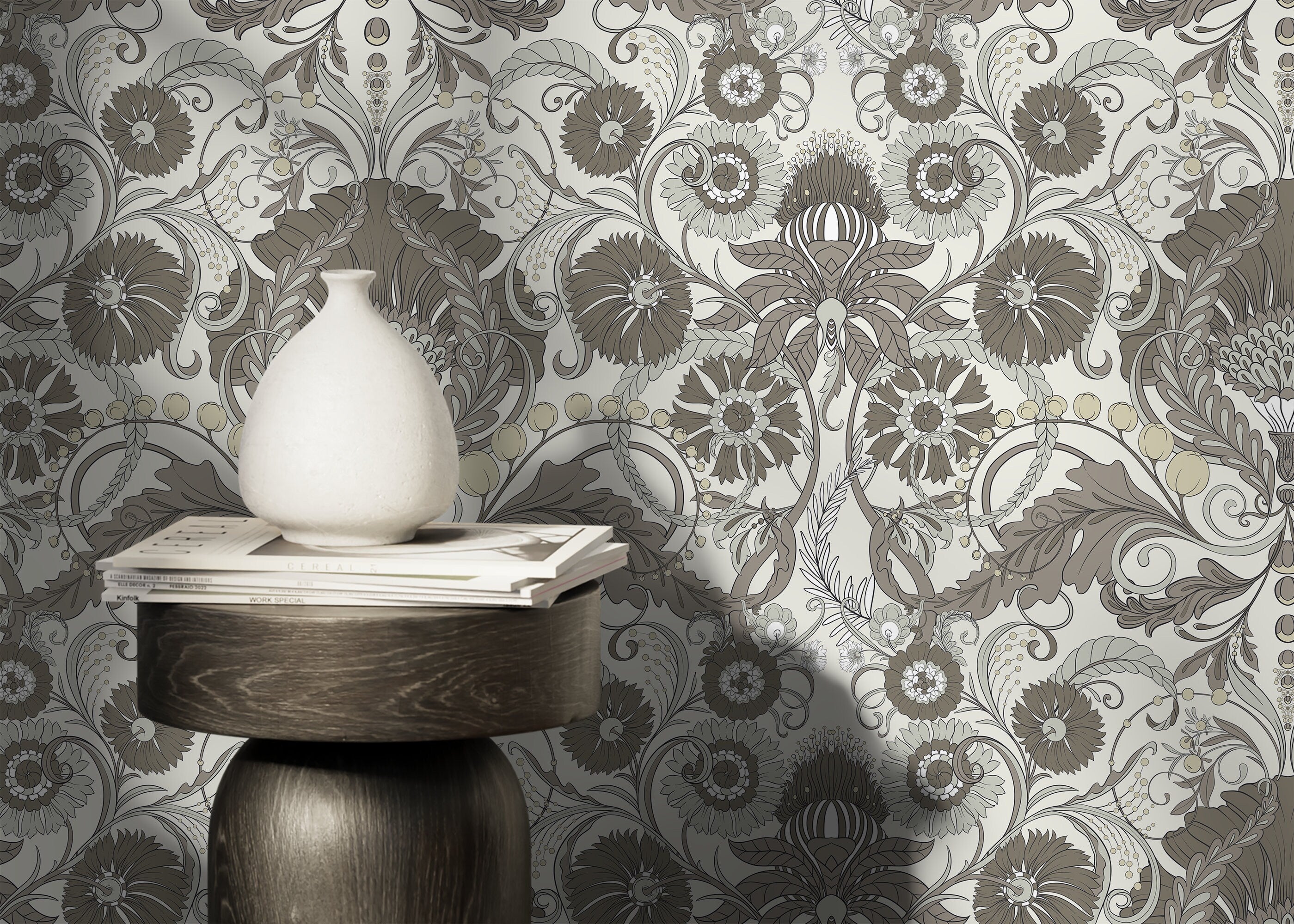 Art Nouveau Wallpaper With An Intricate Damask Motif In Gray And Pale Yellow - D409