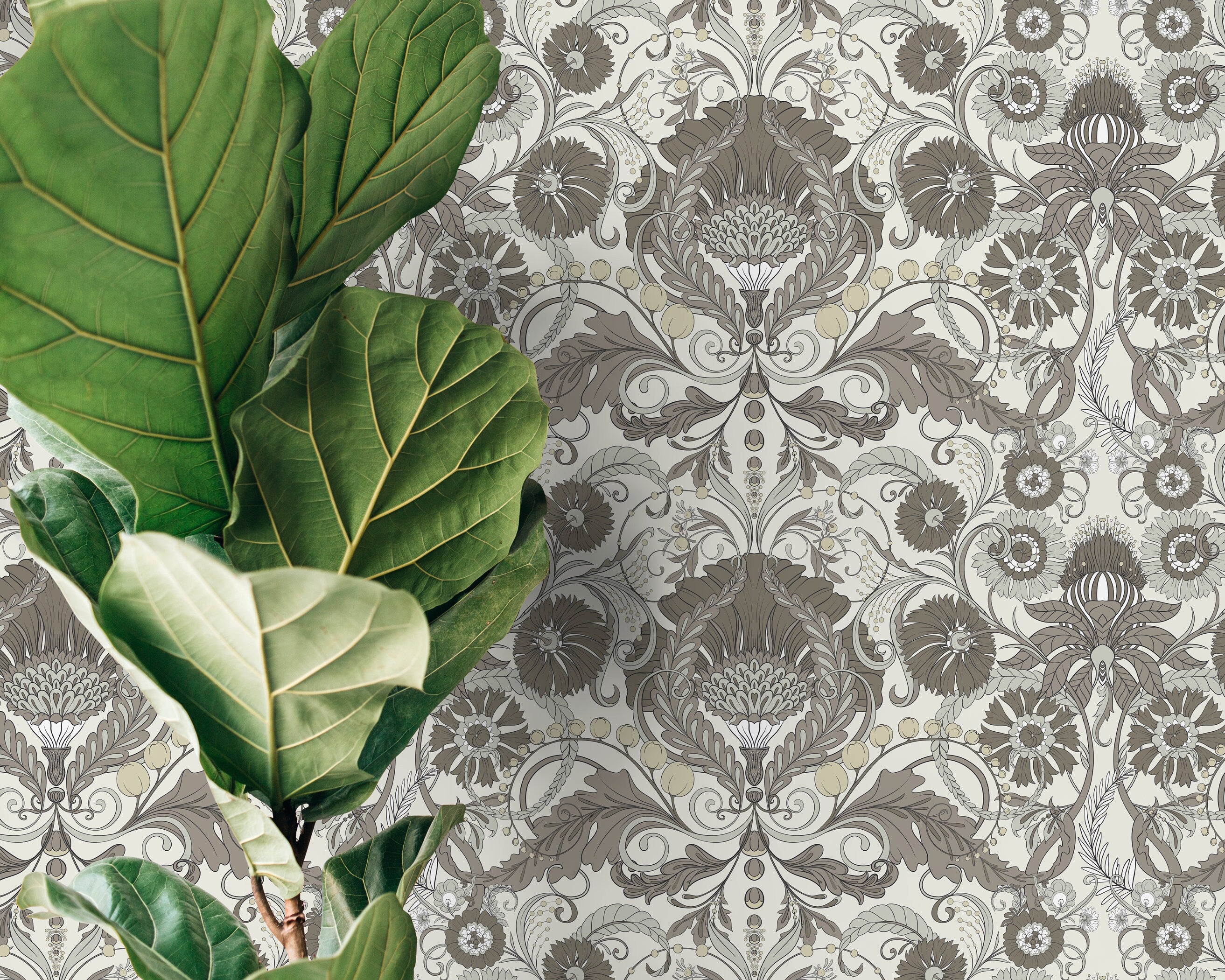 Art Nouveau Wallpaper With An Intricate Damask Motif In Gray And Pale Yellow - D409