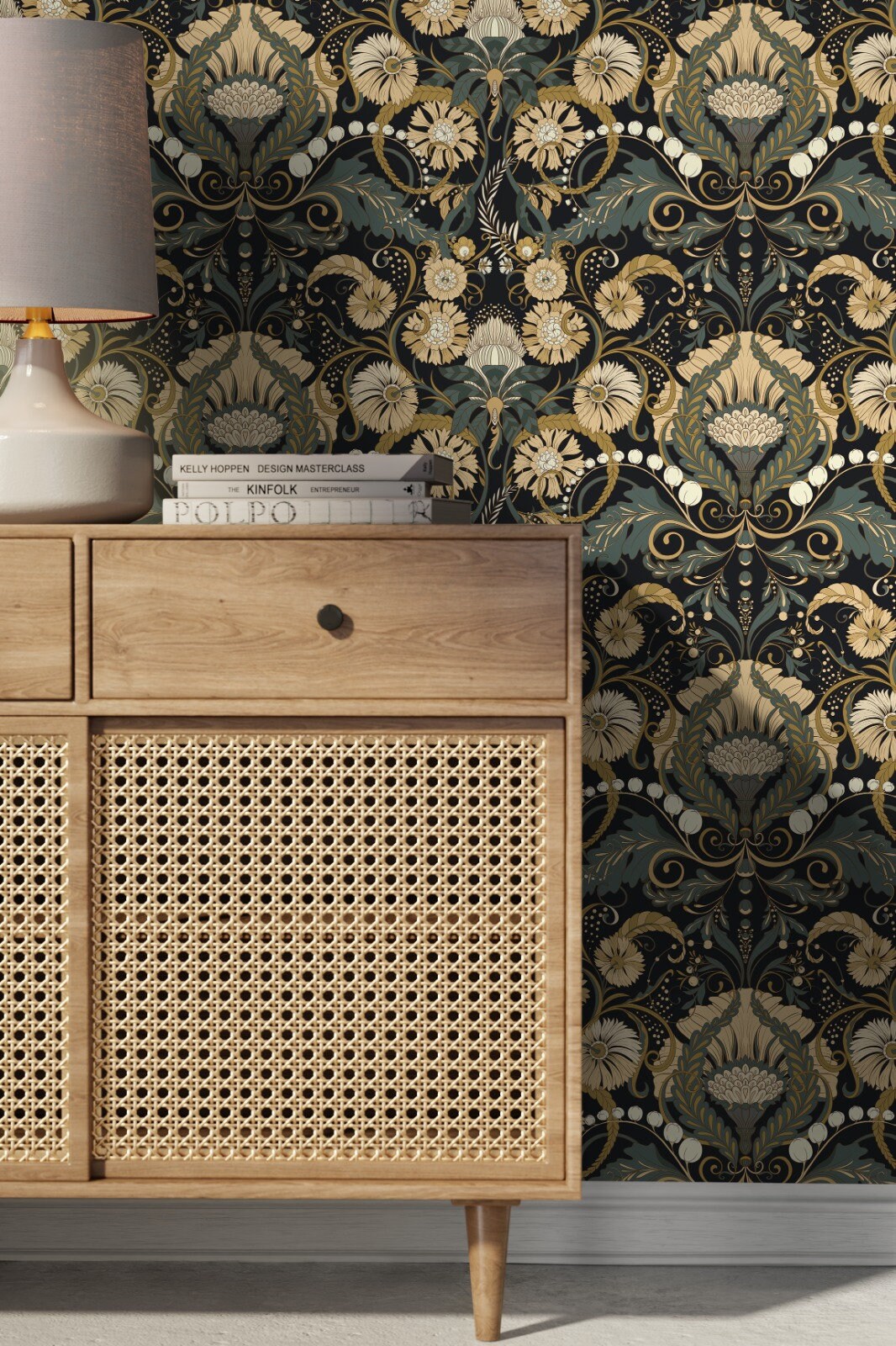 Art Nouveau Wallpaper With Symmetrical Botanicals In Dark Green, Beige, And Black - D410